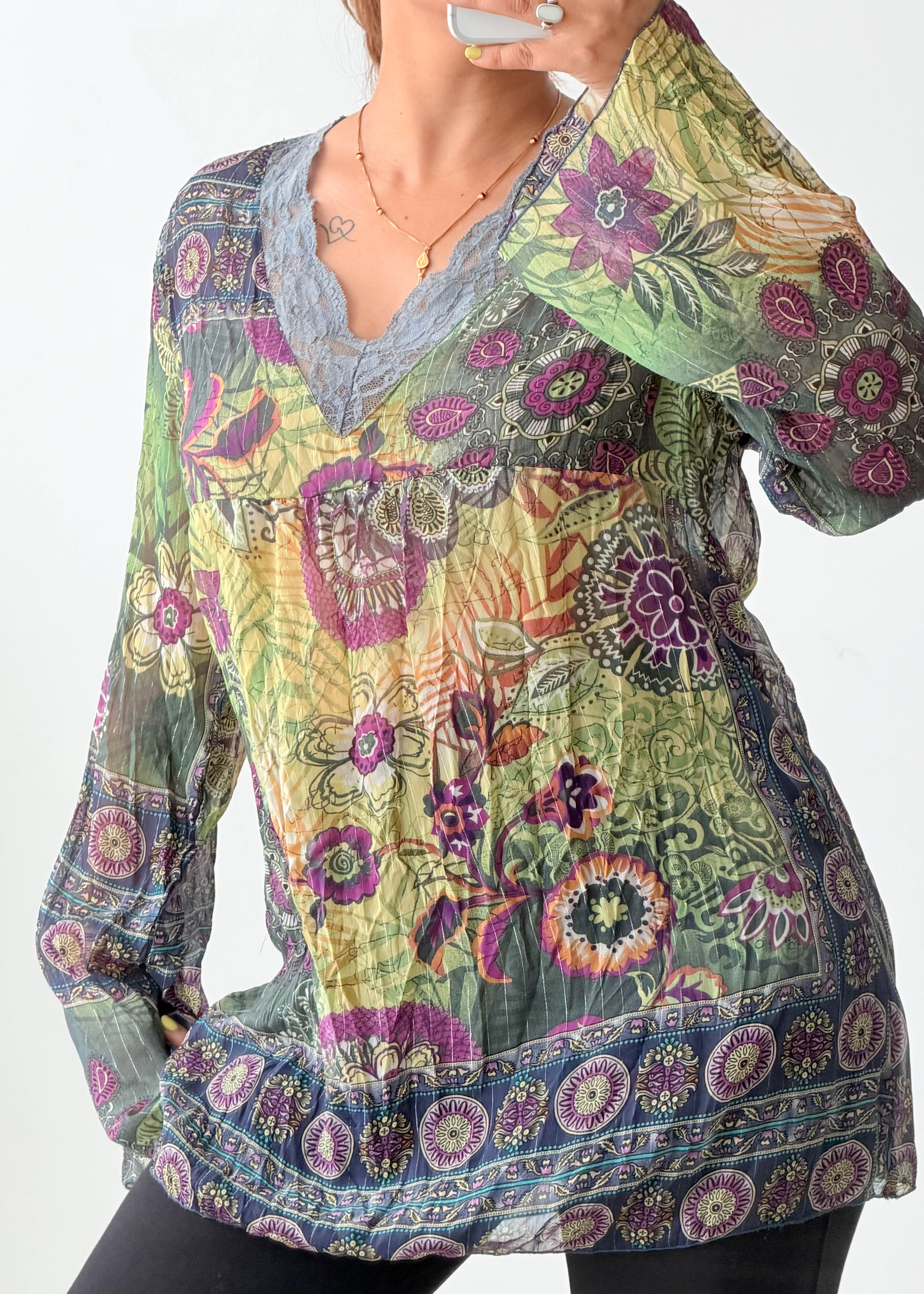 Size M-L Green Floral Peasant Top