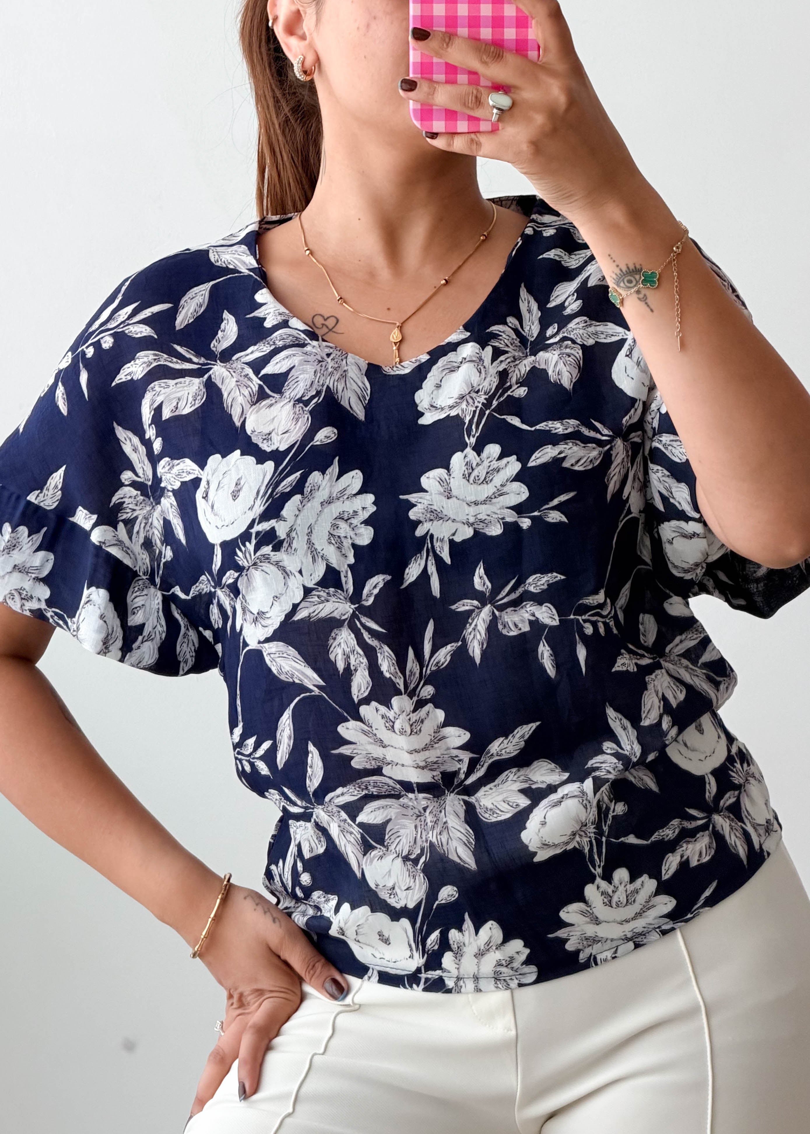 Size XS-S Navy White Floral Top