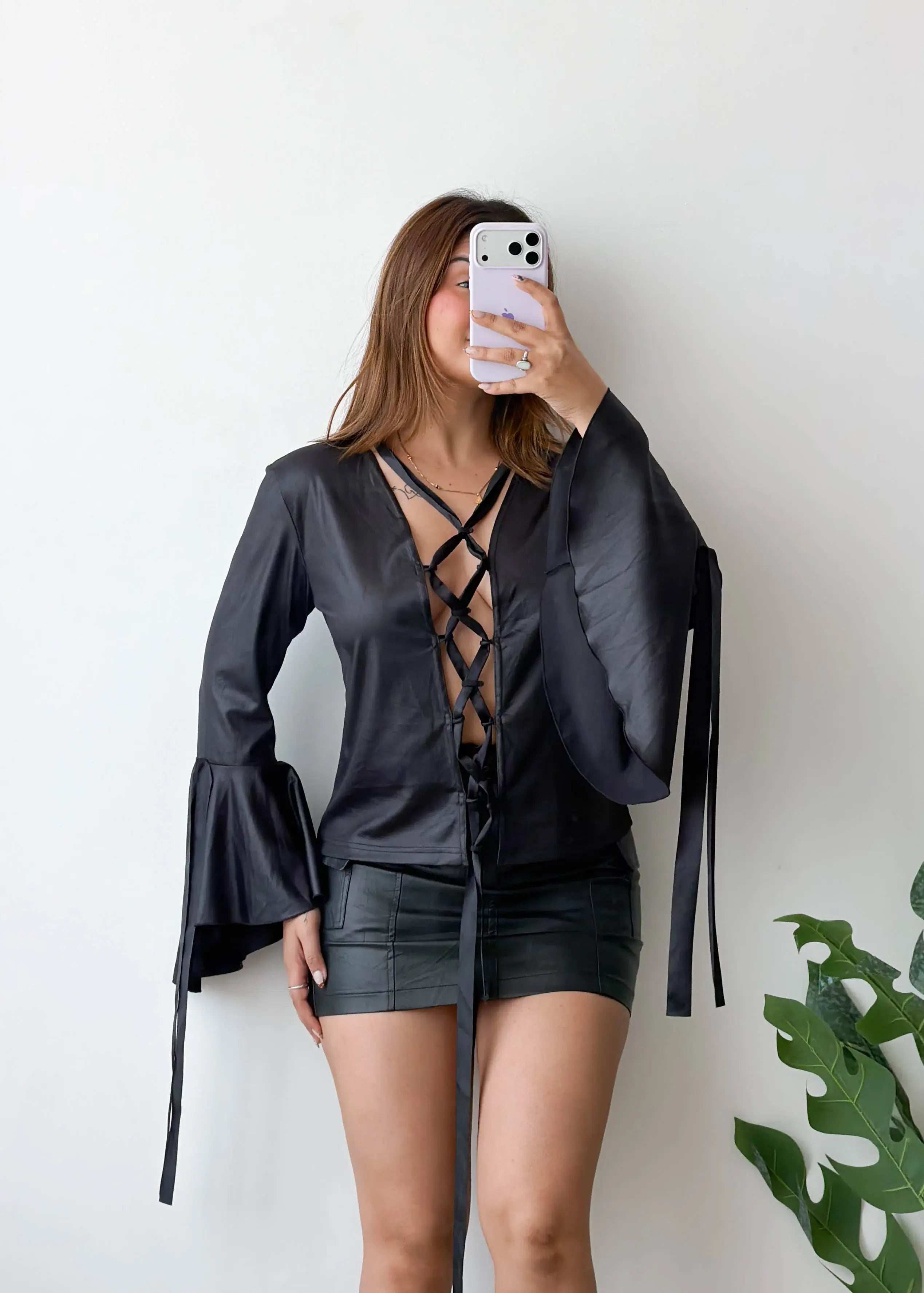 Size S-M, Black Lace-Up Statement Top