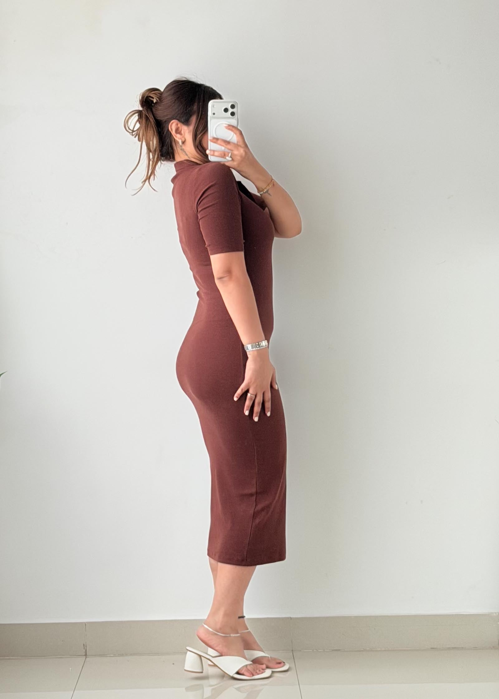 Size XS-S Chocolate Brown Ribbed Polo Midi Dress