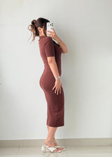 Size XS-S Chocolate Brown Ribbed Polo Midi Dress