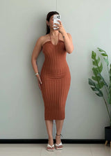 SIZE XS-S, Rust Ribbed Halter Bodycon Midi Dress - Closet by Payal