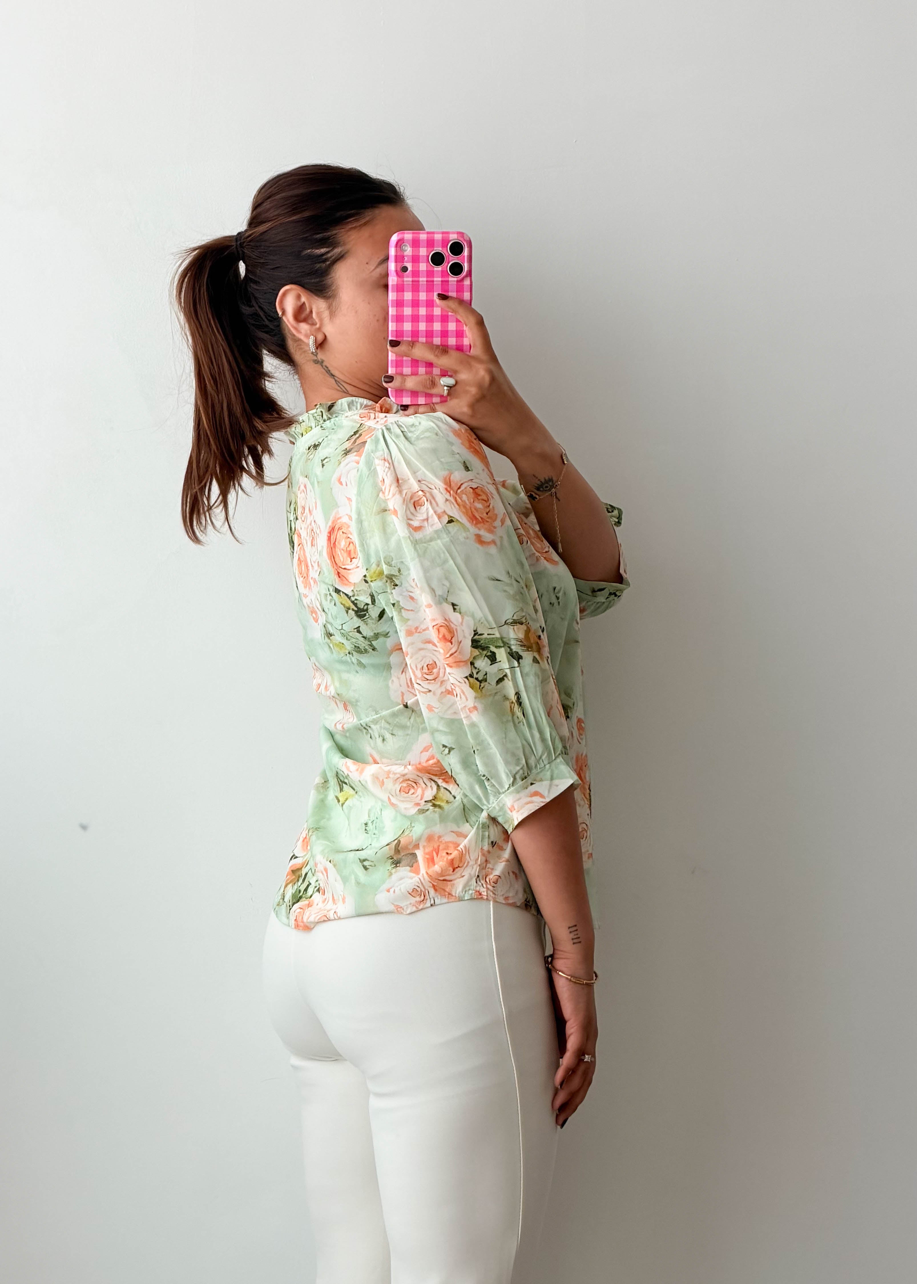 Size XS-S Mint Green Floral Puff Sleeve Top