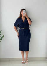 Size M-L / L-XL Navy Ribbed Midi Dress without Belt