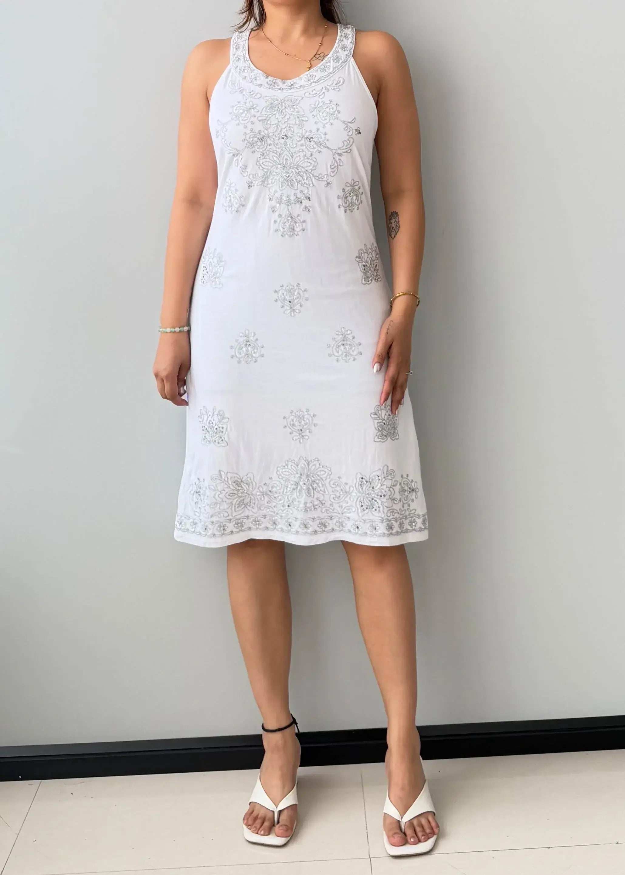 Size M-L, White Embroidered Midi Dress - Closet by Payal