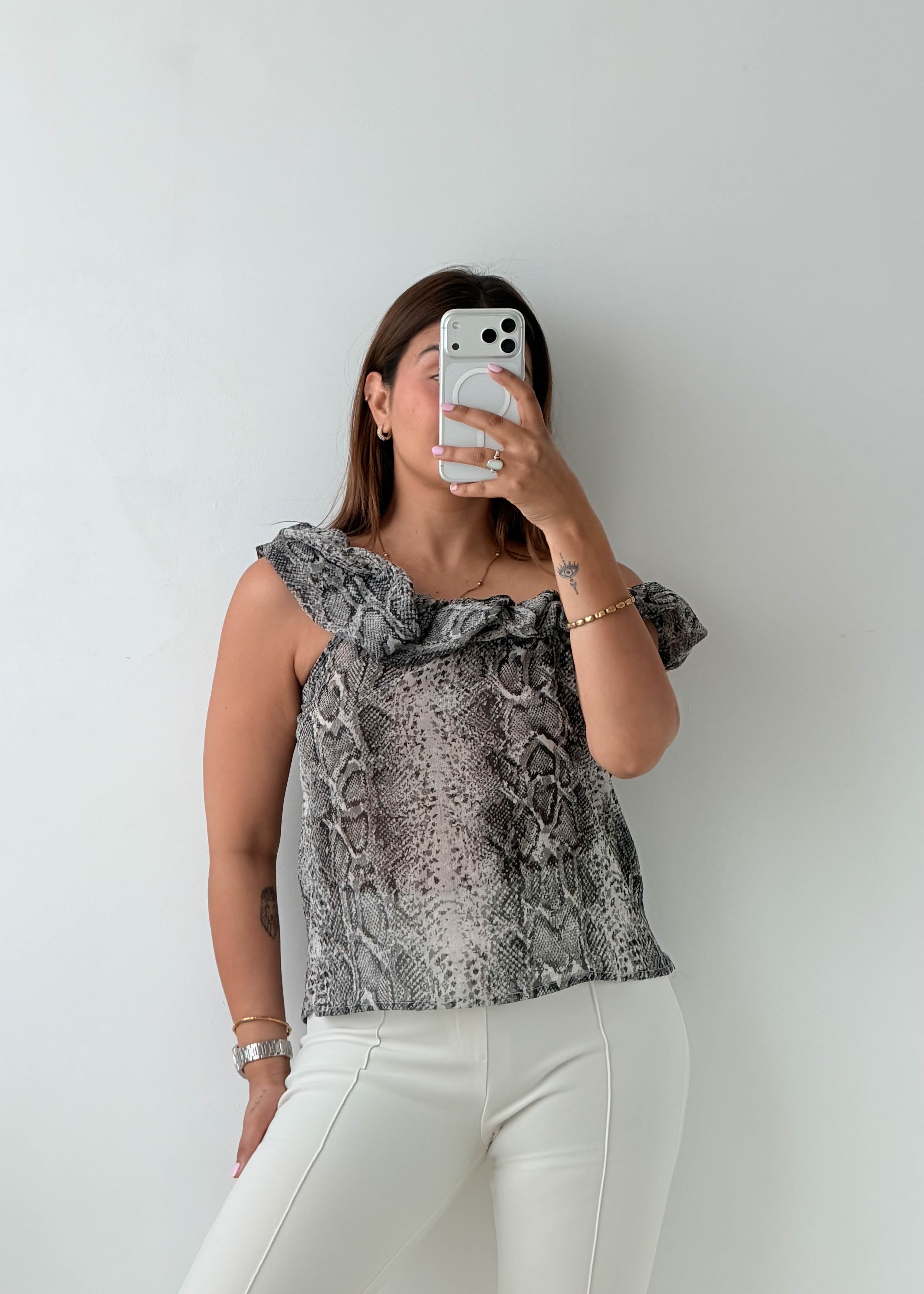 Size XS-S Grey Snake Print Ruffle Top