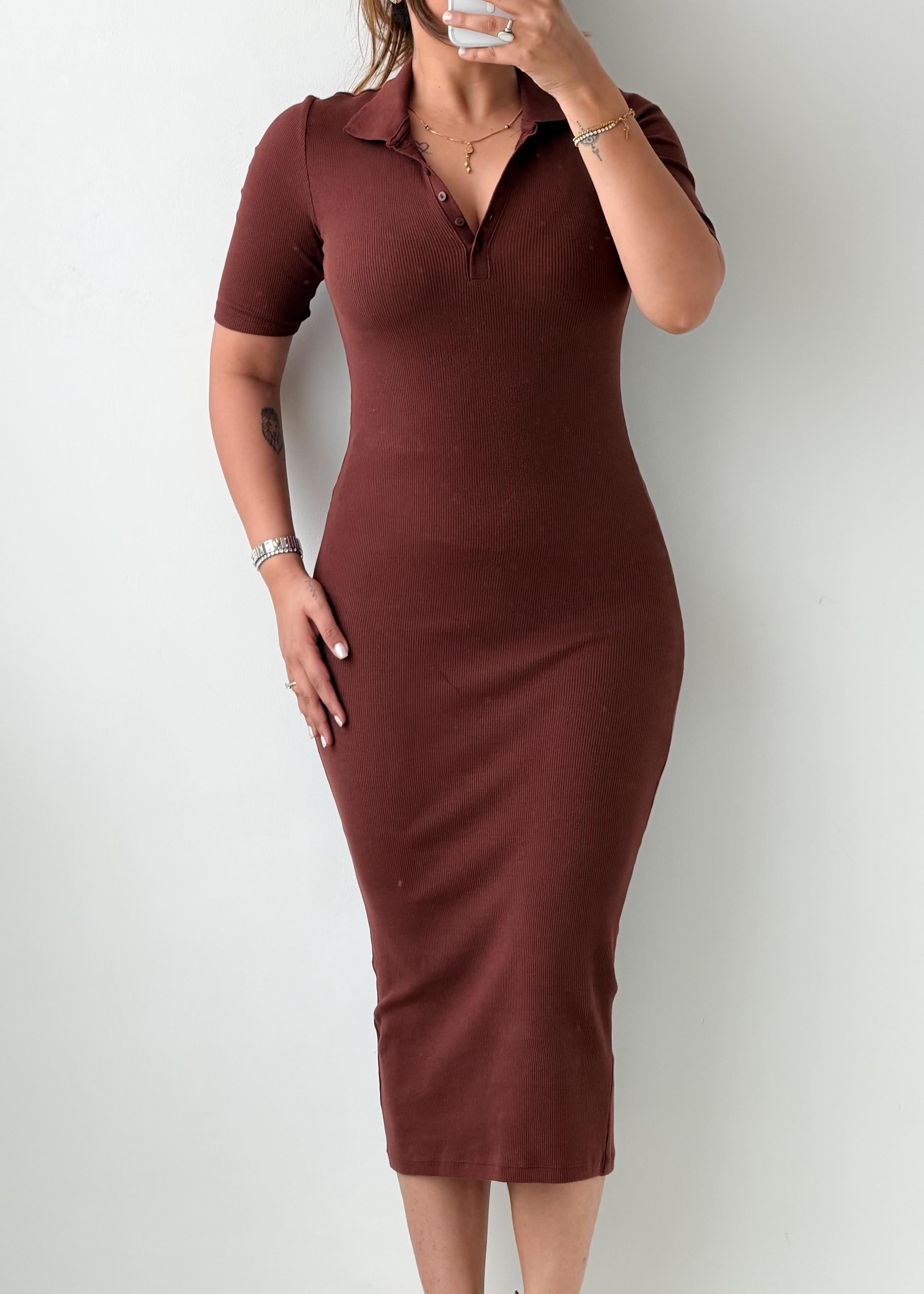 Size XS-S Chocolate Brown Ribbed Polo Midi Dress