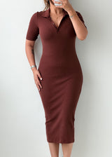 Size XS-S Chocolate Brown Ribbed Polo Midi Dress