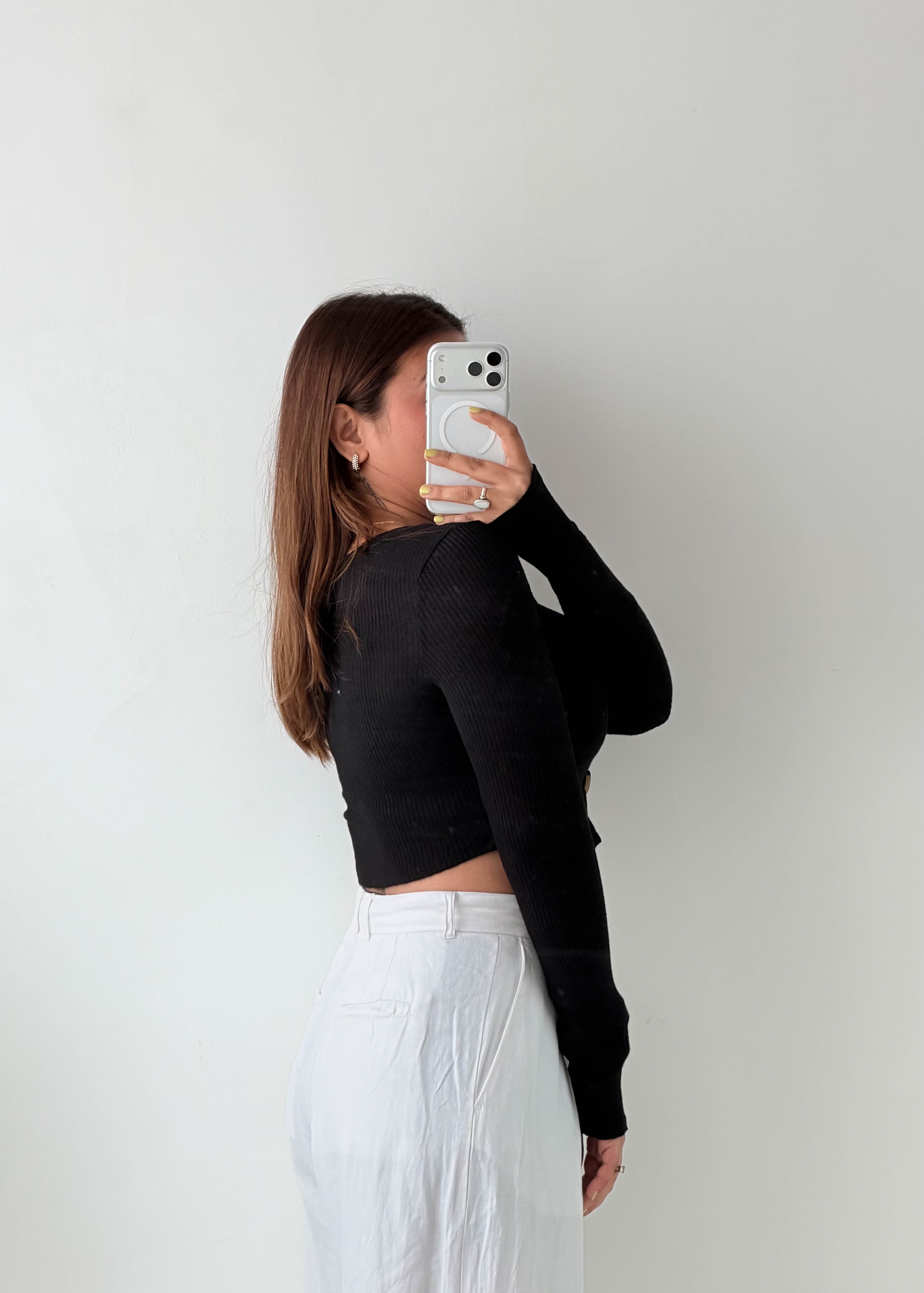 Size XS-S Black Button Front Ribbed Crop Top
