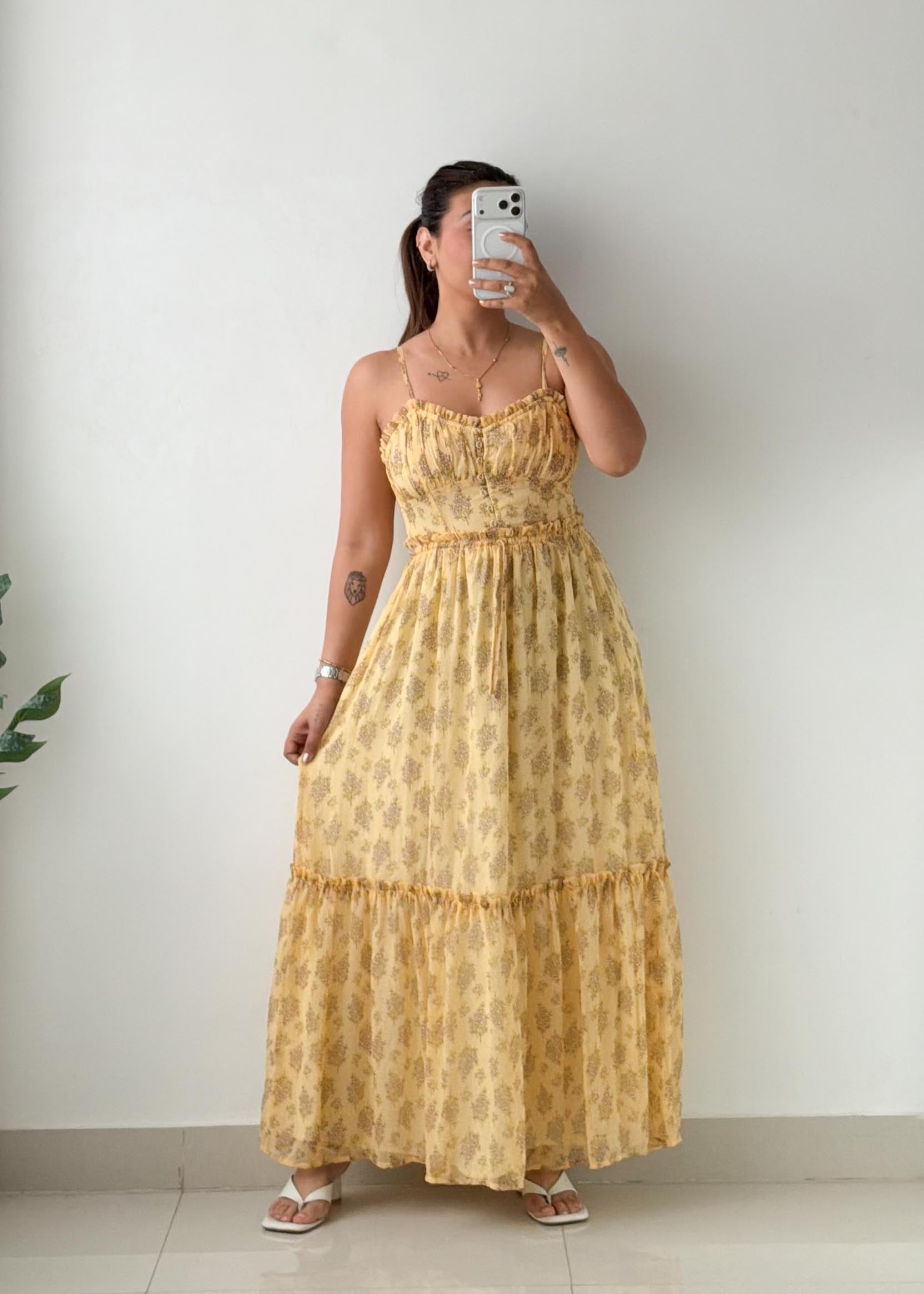 Size XS-M Mustard Floral Tiered Maxi Dress