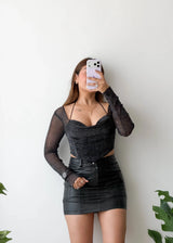 Size S-M, Black Sheer Sleeve Corset Top
