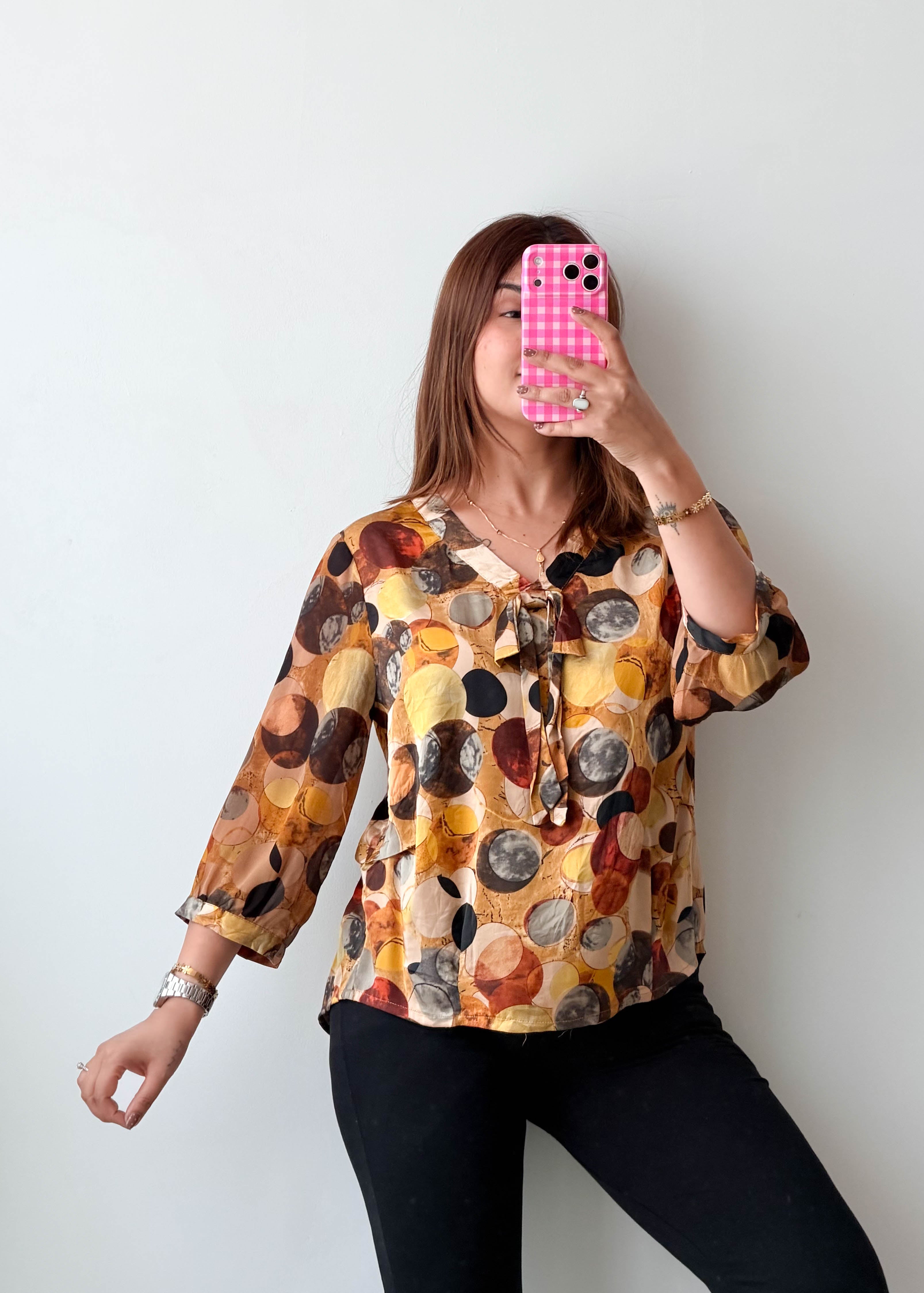 Size S-M Brown Abstract Circle Tie-Neck Blouse