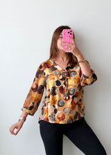 Size S-M Brown Abstract Circle Tie-Neck Blouse