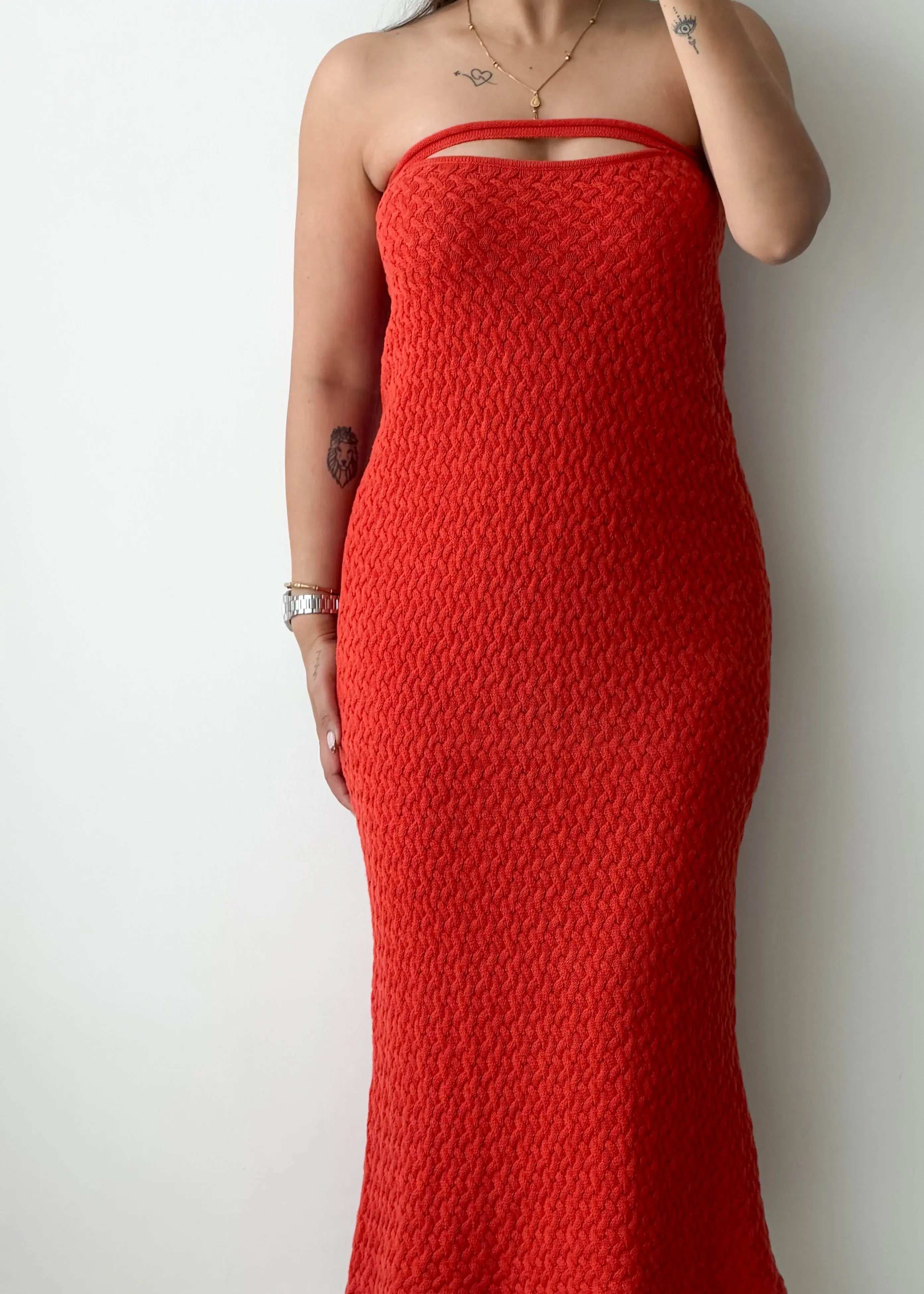 Size S-M, Red Crochet Midi Dress