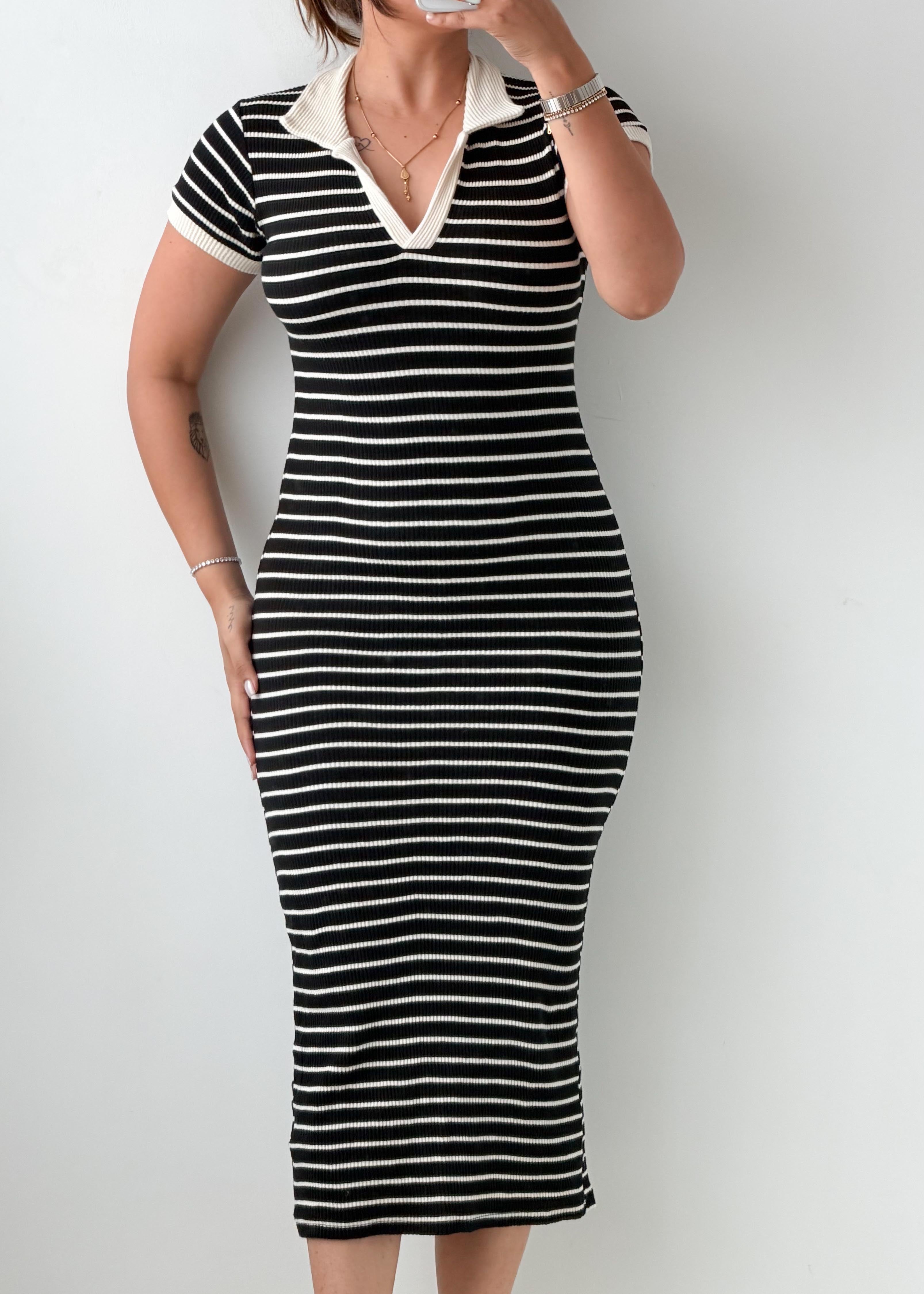 Size XS-S Black & White Striped Ribbed Midi Dress