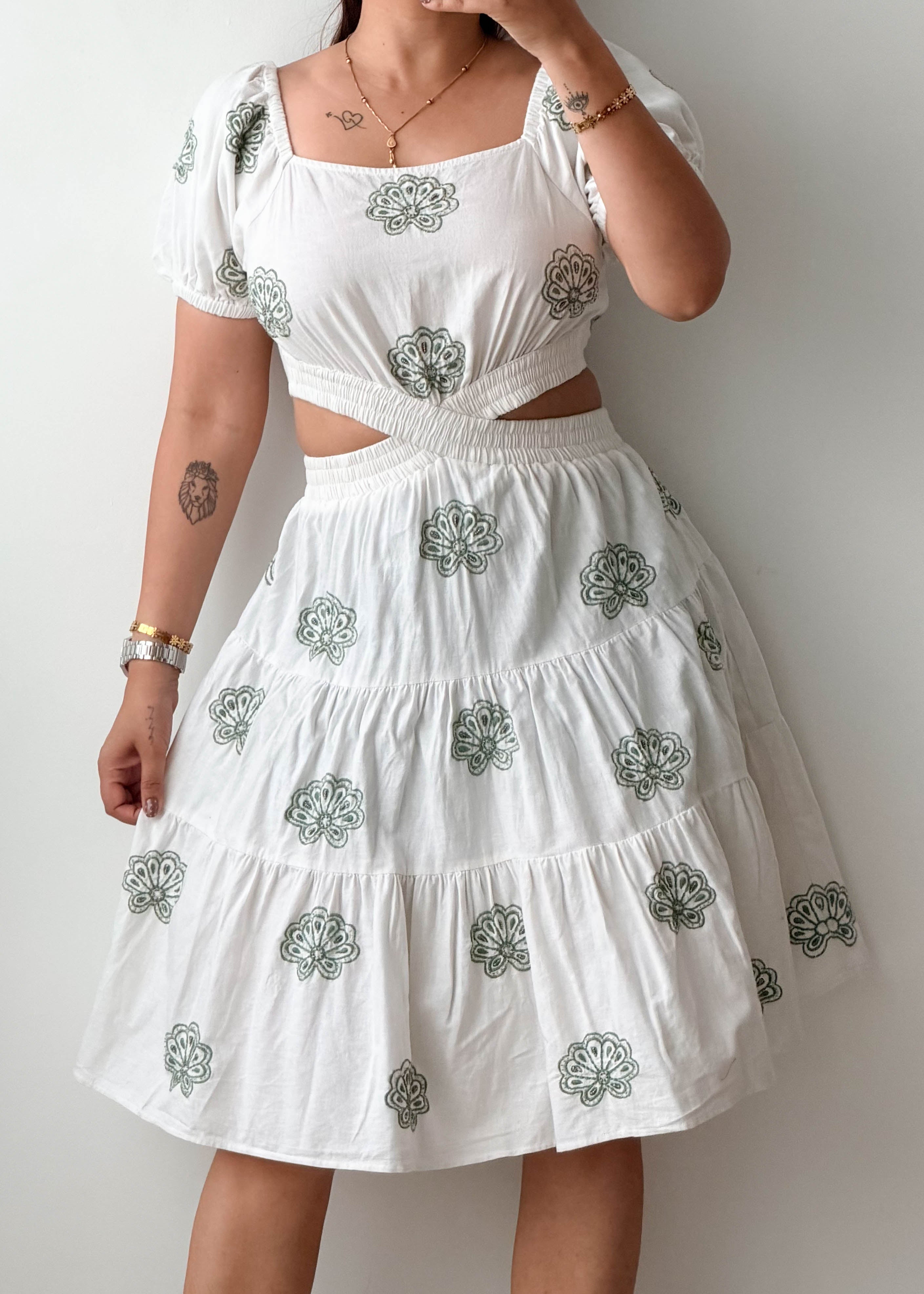 Size S-M White Printed Cut-Out Dress