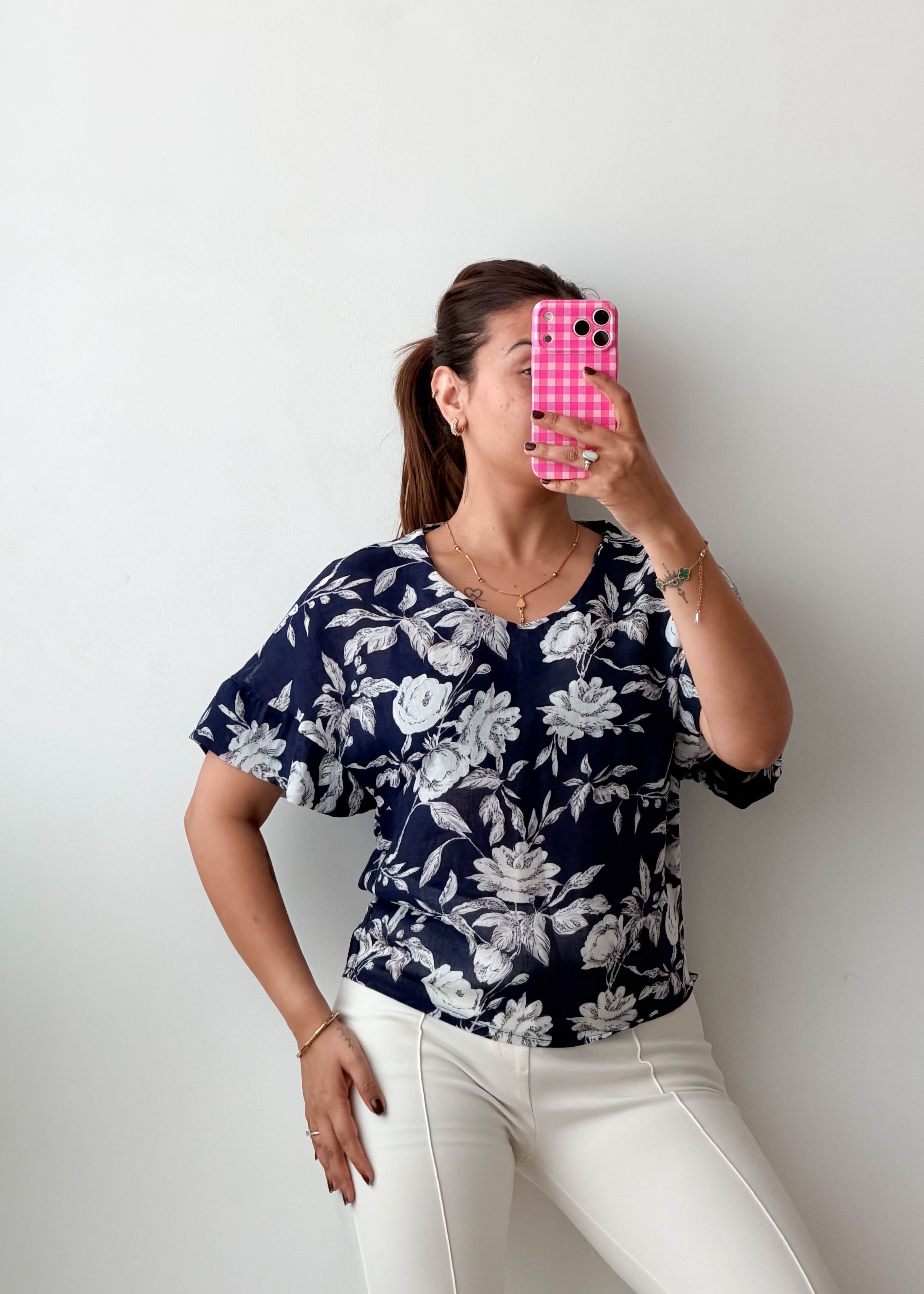 Size XS-S Navy White Floral Top