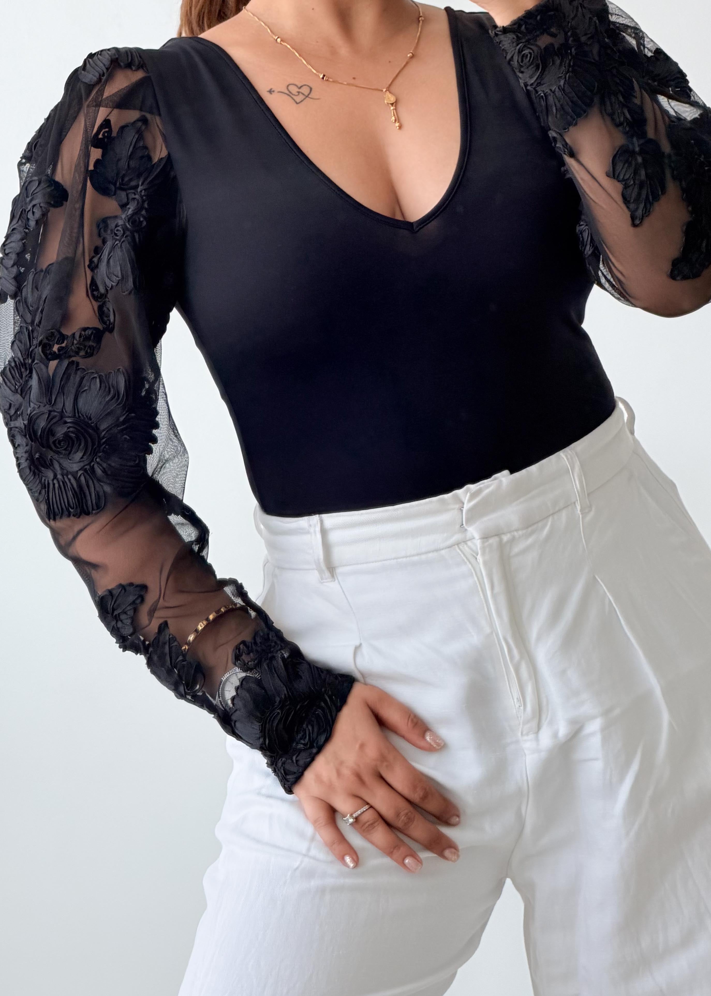 Size S-M Black Mesh Sleeve Bodysuit