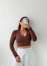 Size XS-S Chocolate Brown V-Neck Crop Top