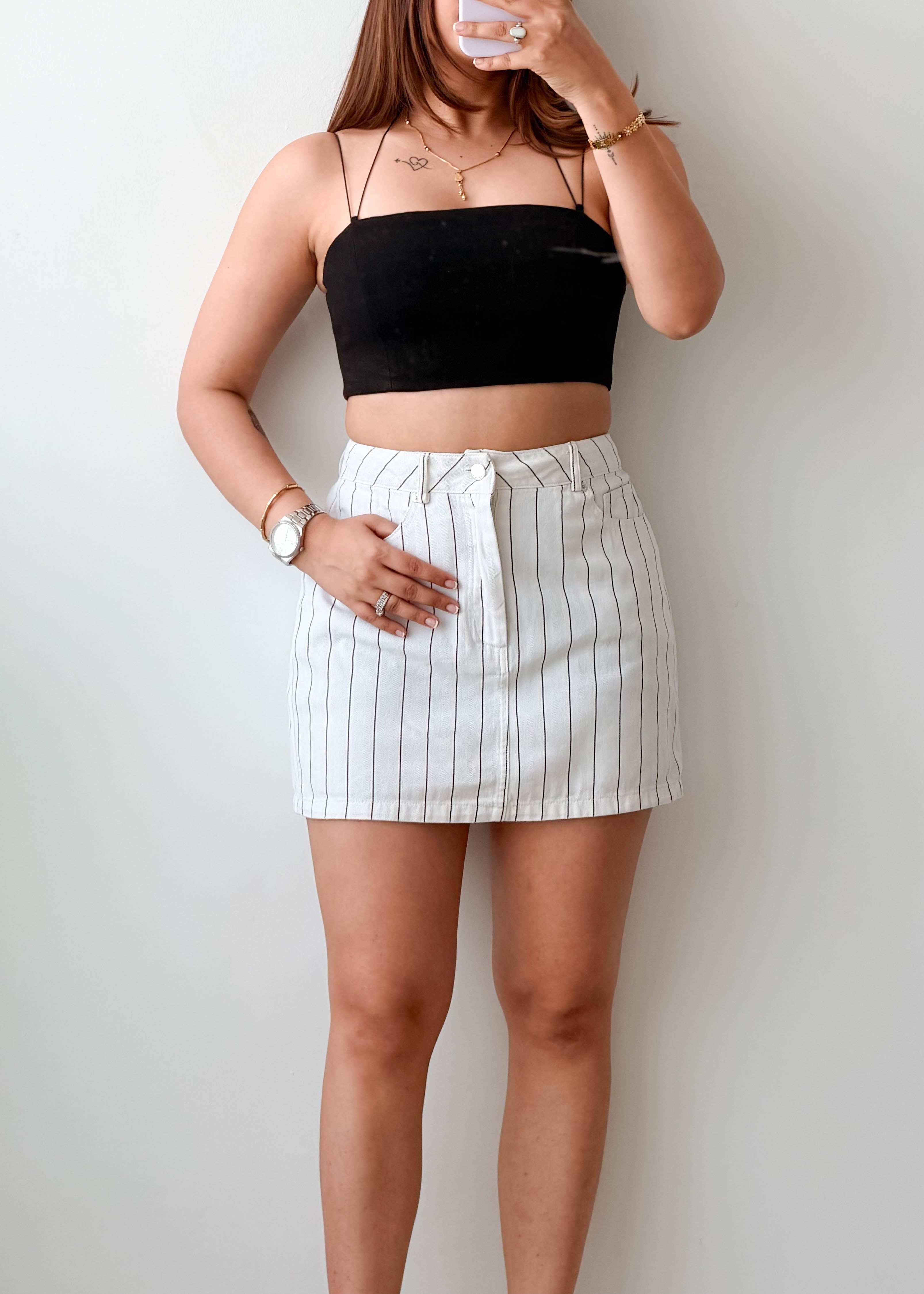 Waist 32-33 White Striped Mini Skirt