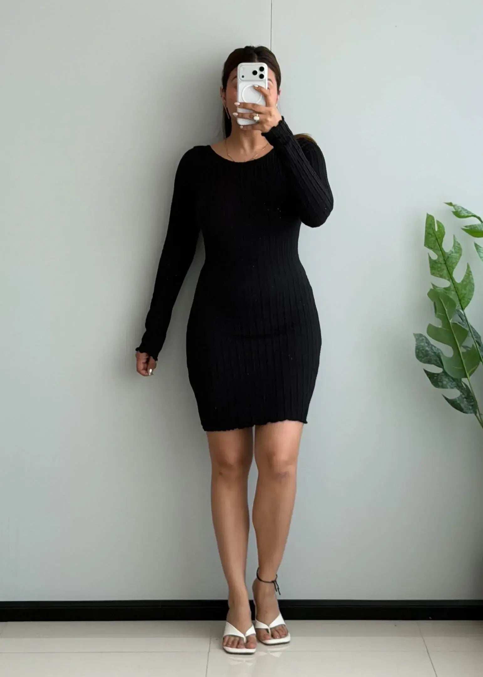 SIZE S-M, Black Ribbed Long Sleeve Mini Dress - Closet by Payal