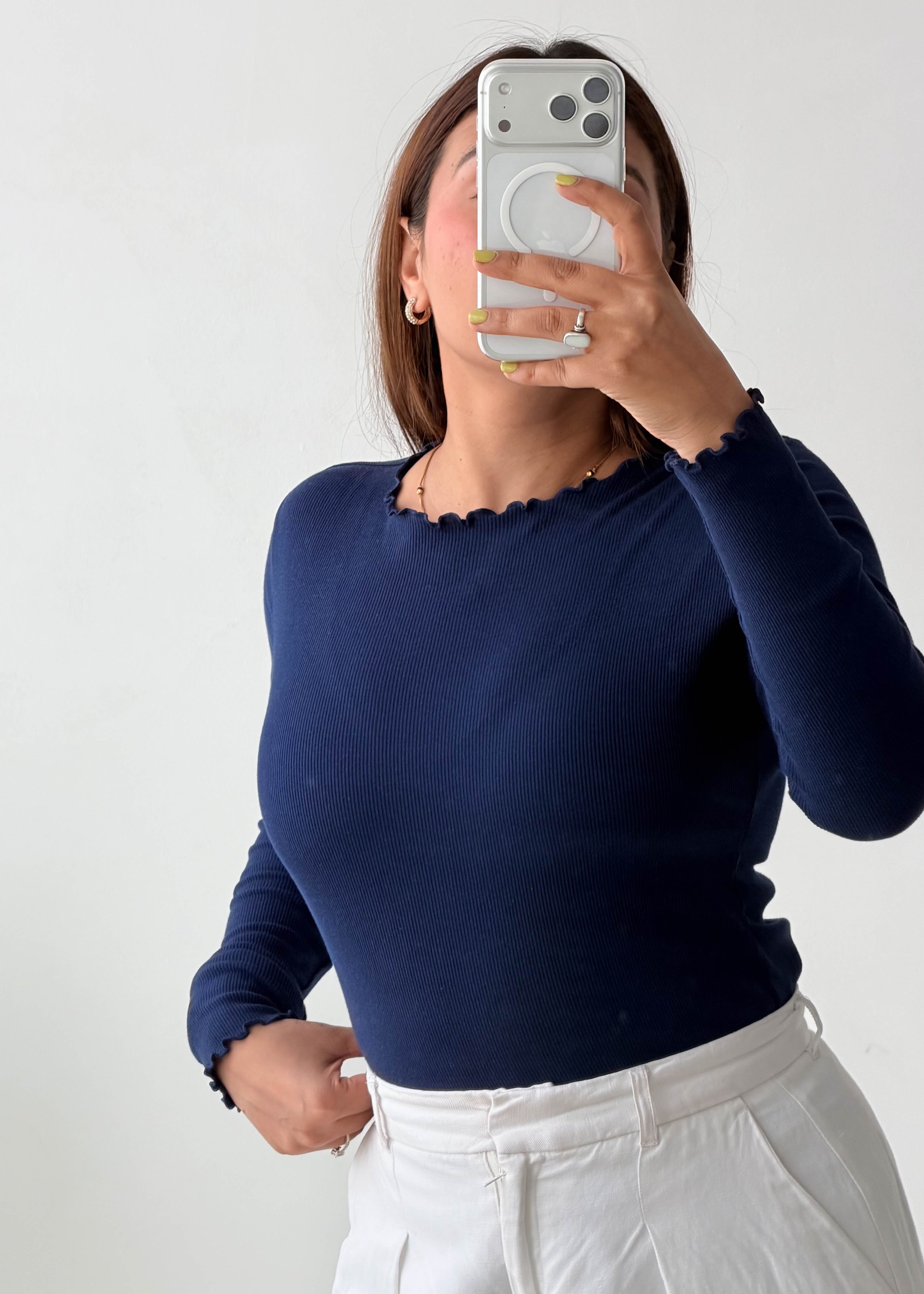 Size M-L Navy Scallop Edge Long Sleeve Top