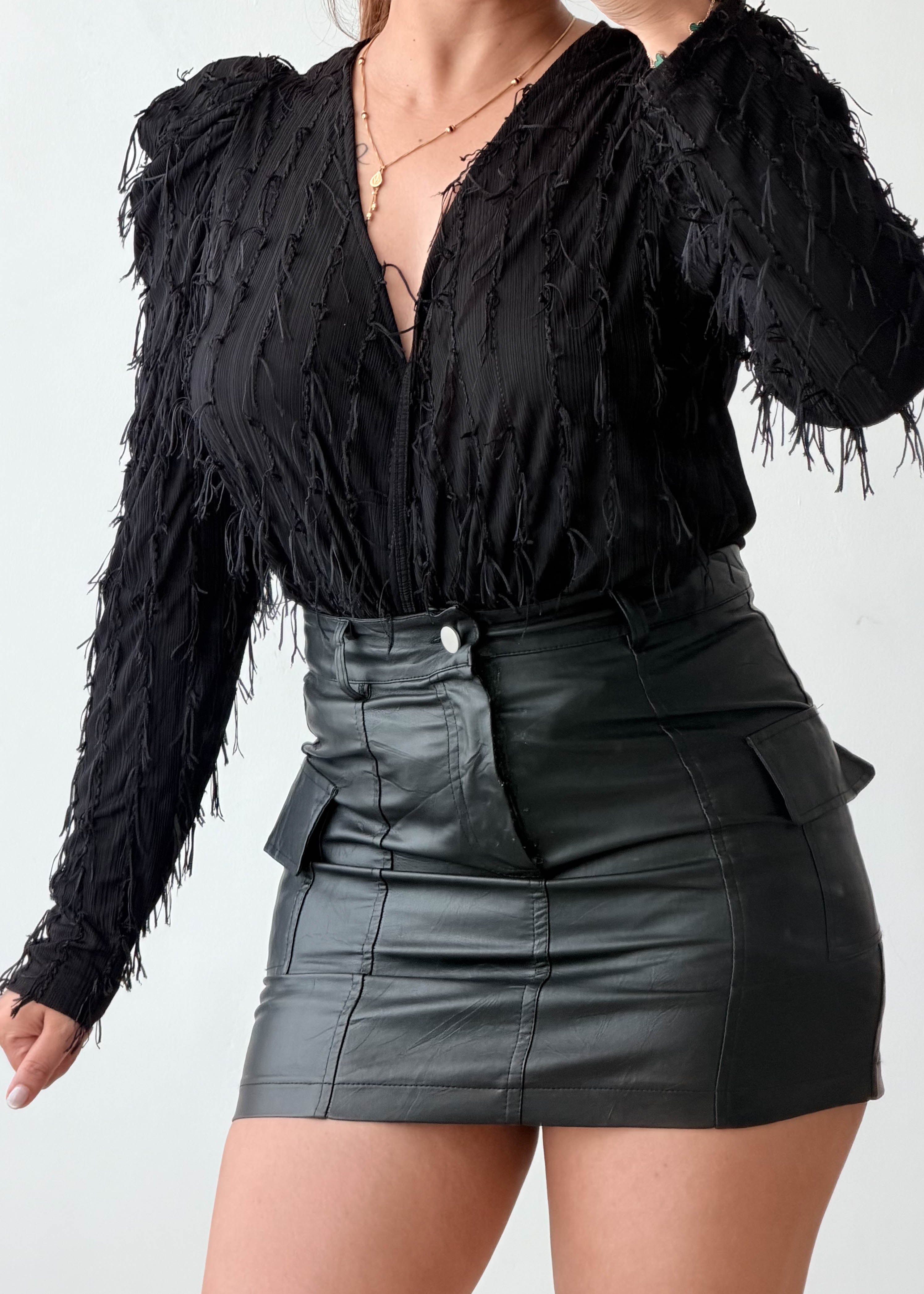Size M-L Black Fringe Sleeve Bodysuit