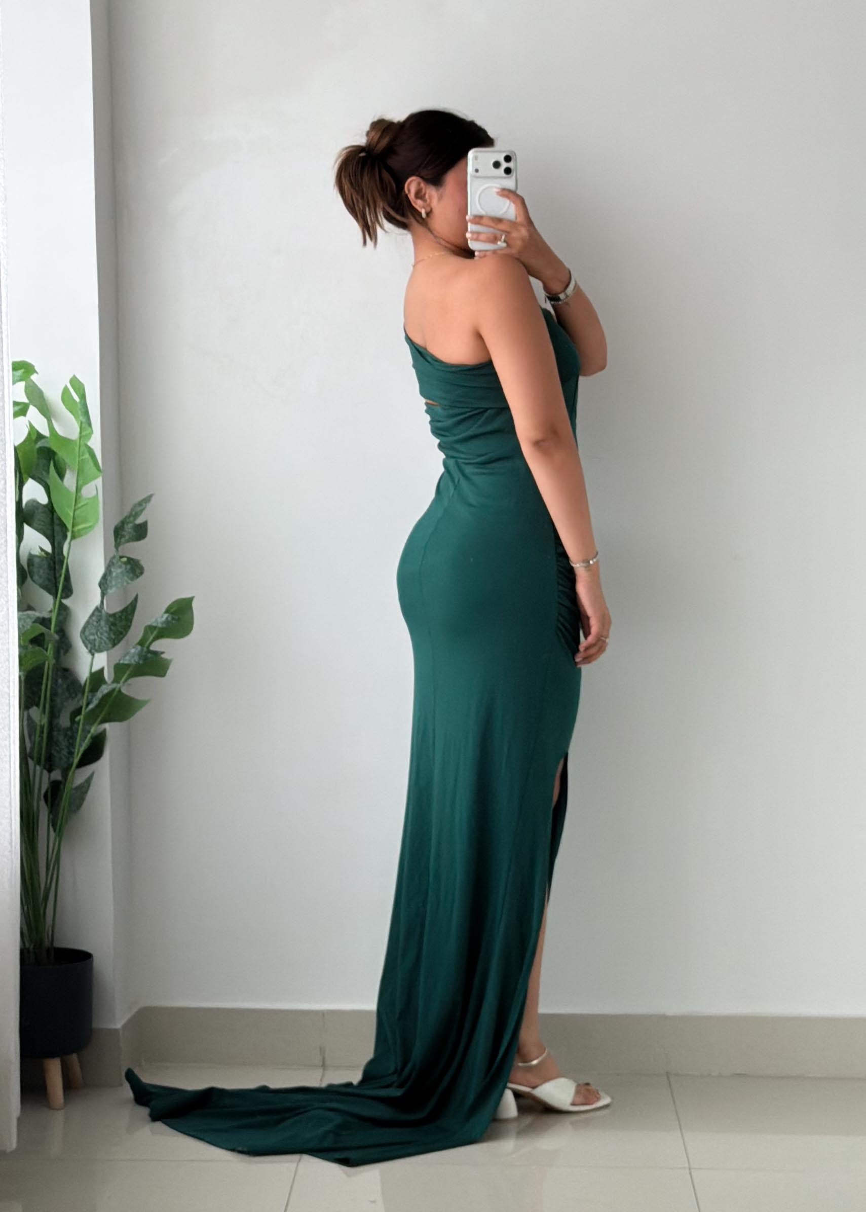 Size L-XL Dark Green One-Shoulder Maxi Dress