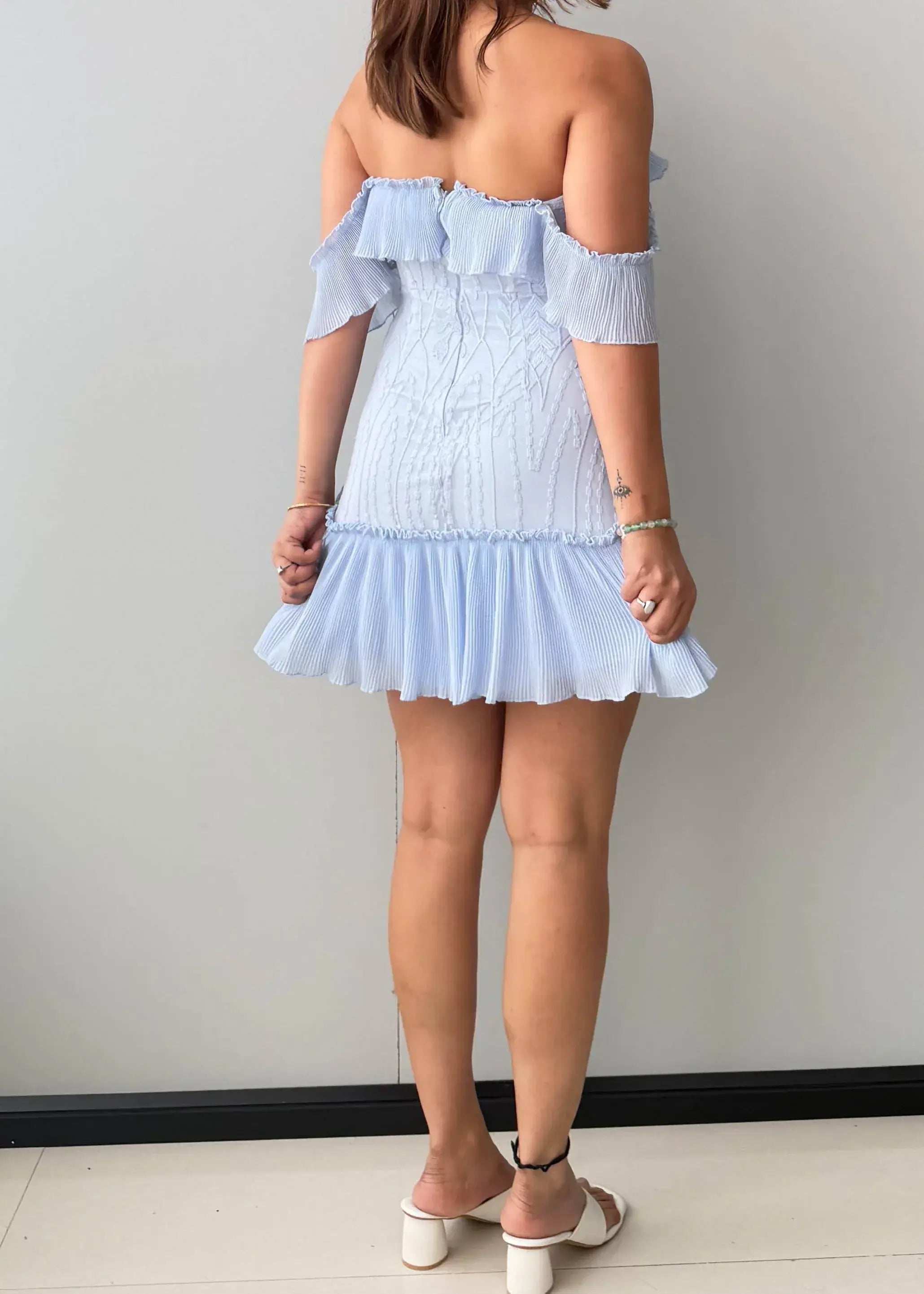 Size XS-S, Light Blue Off-Shoulder Ruffle Mini Dress - Closet by Payal