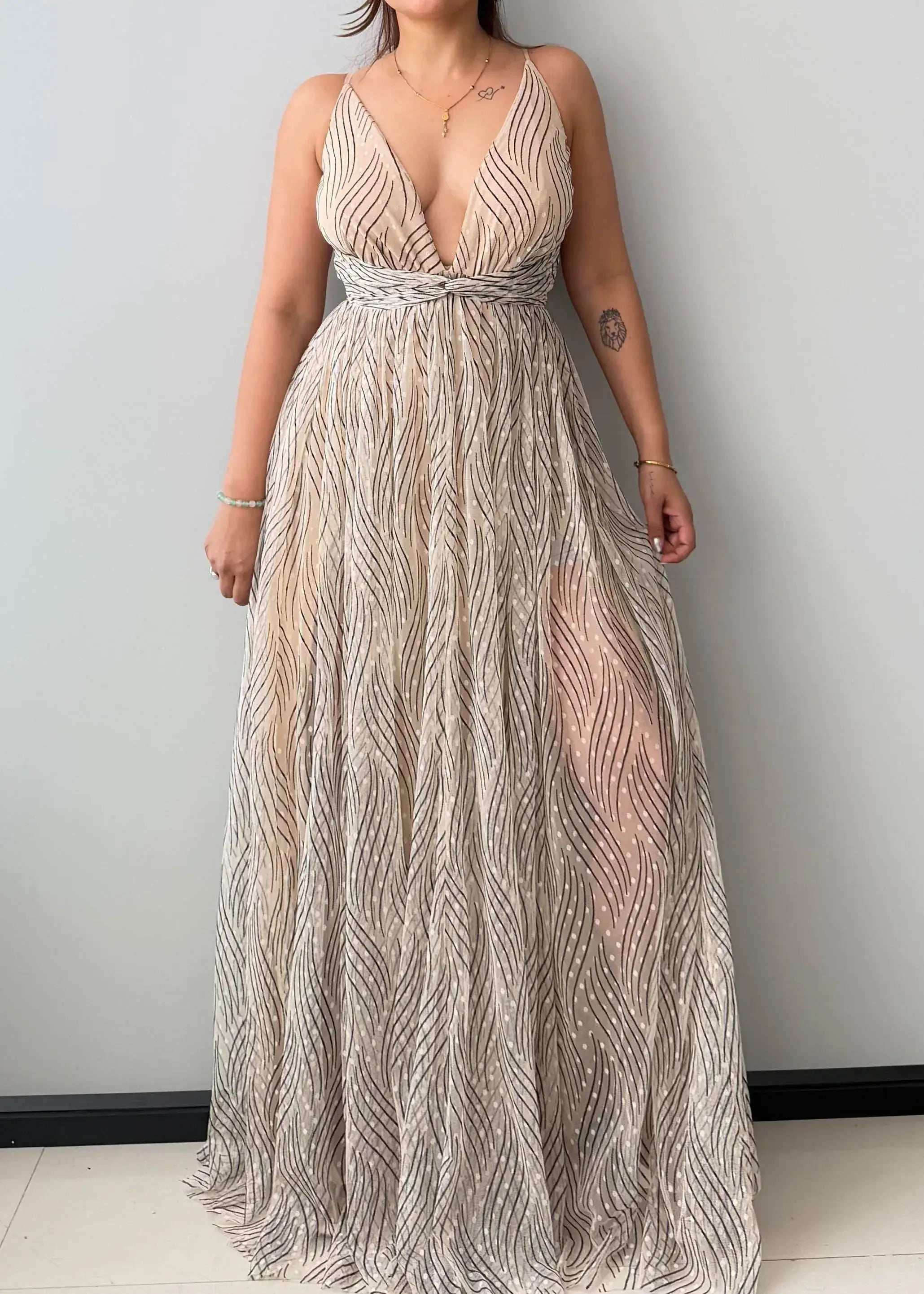 Size XS-S, Gold Plunge Neck Maxi Dress - Closet by Payal