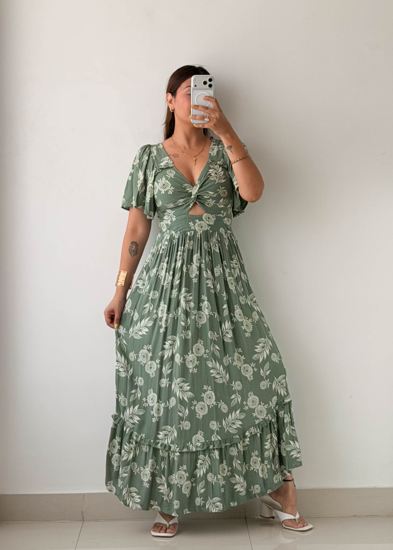 Size XS-S Sage Floral Cut-Out Maxi Dress