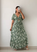 Size XS-S Sage Floral Cut-Out Maxi Dress