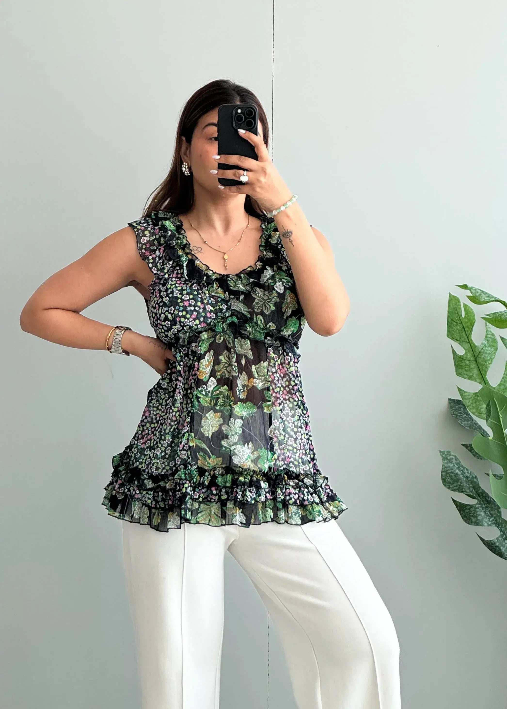 Size XS-S, Green Floral Ruffle Sleeveless Peplum Top for Women - Closet by Payal