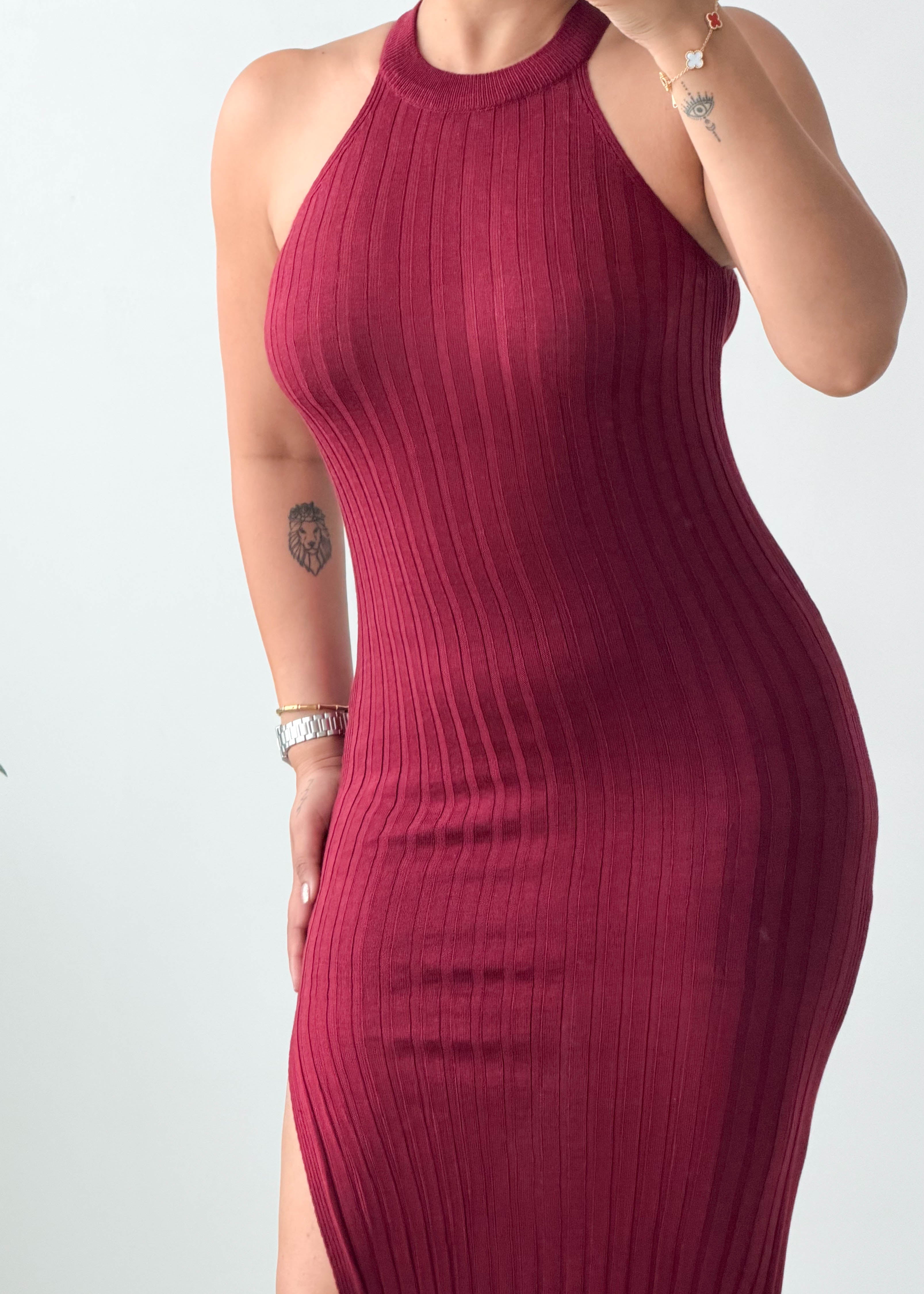 Size XS-S Burgundy Ribbed Halter Neck Maxi Dress