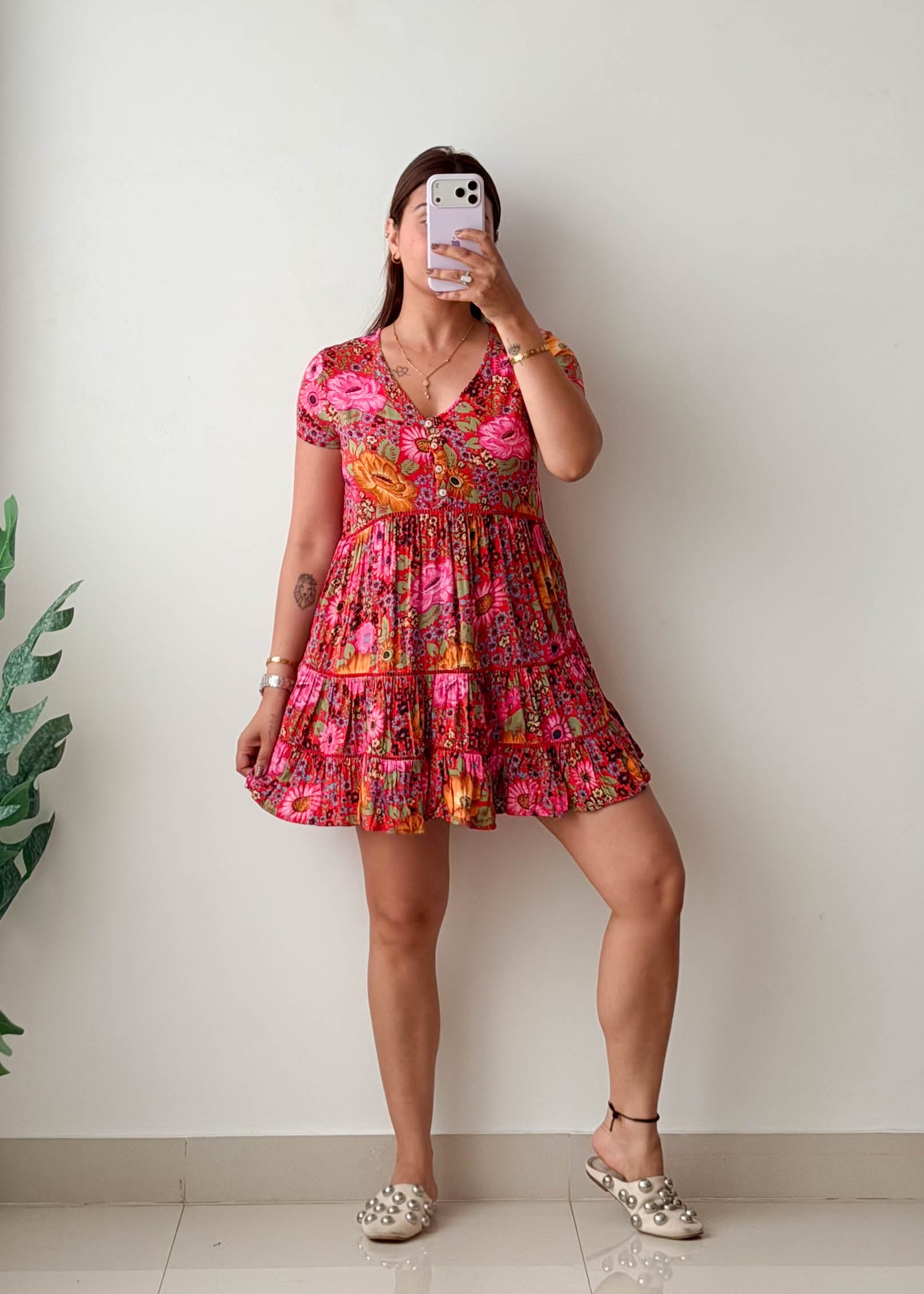 Size XS-S Pink Floral Tiered Mini Dress