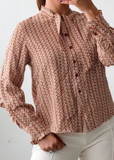Size XS-S Beige Geometric Tie-Neck Chiffon Blouse