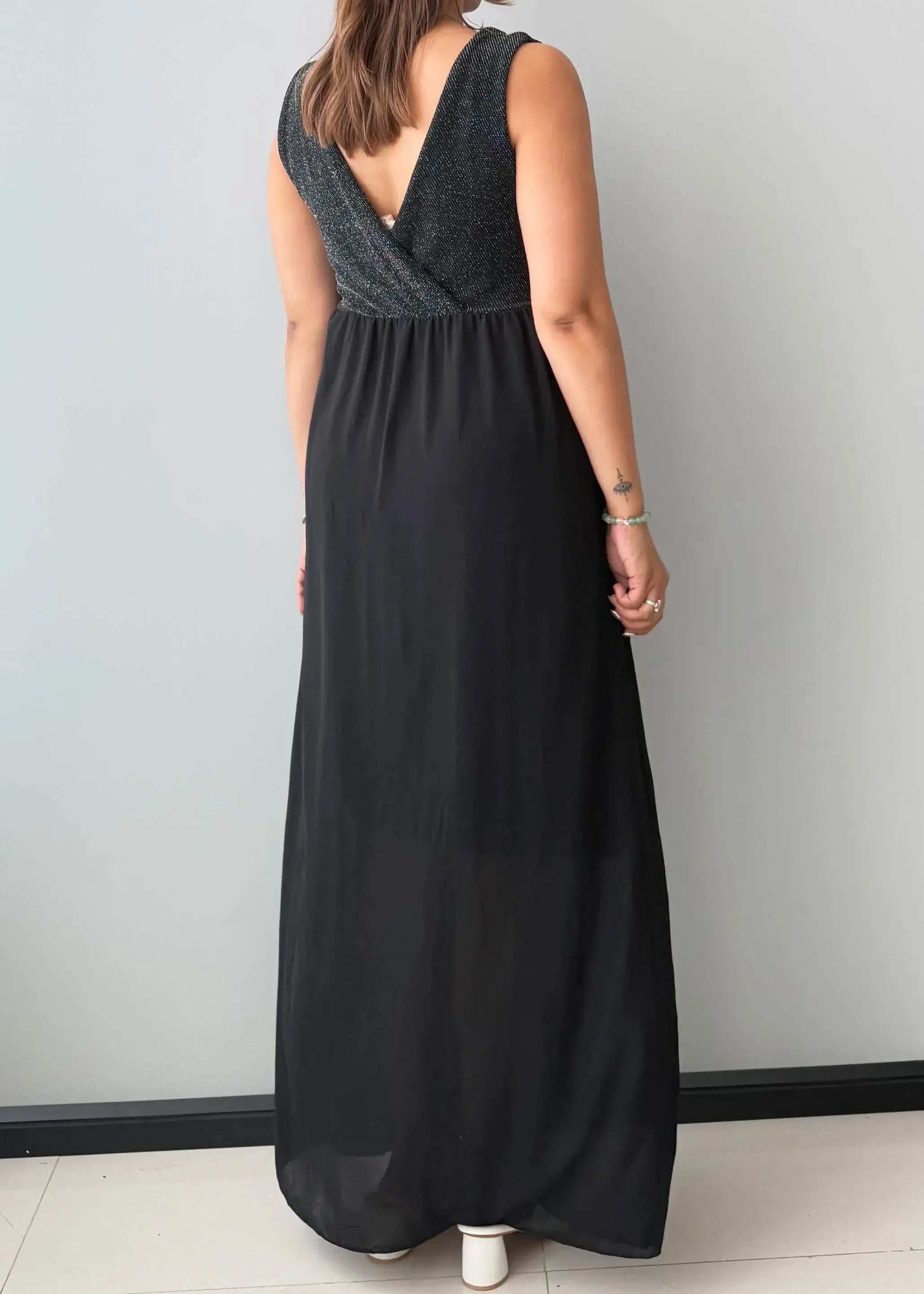 Size M-L, Black V-Neck Chiffon Maxi Dress - Closet by Payal
