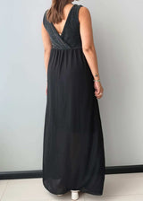 Size M-L, Black V-Neck Chiffon Maxi Dress - Closet by Payal