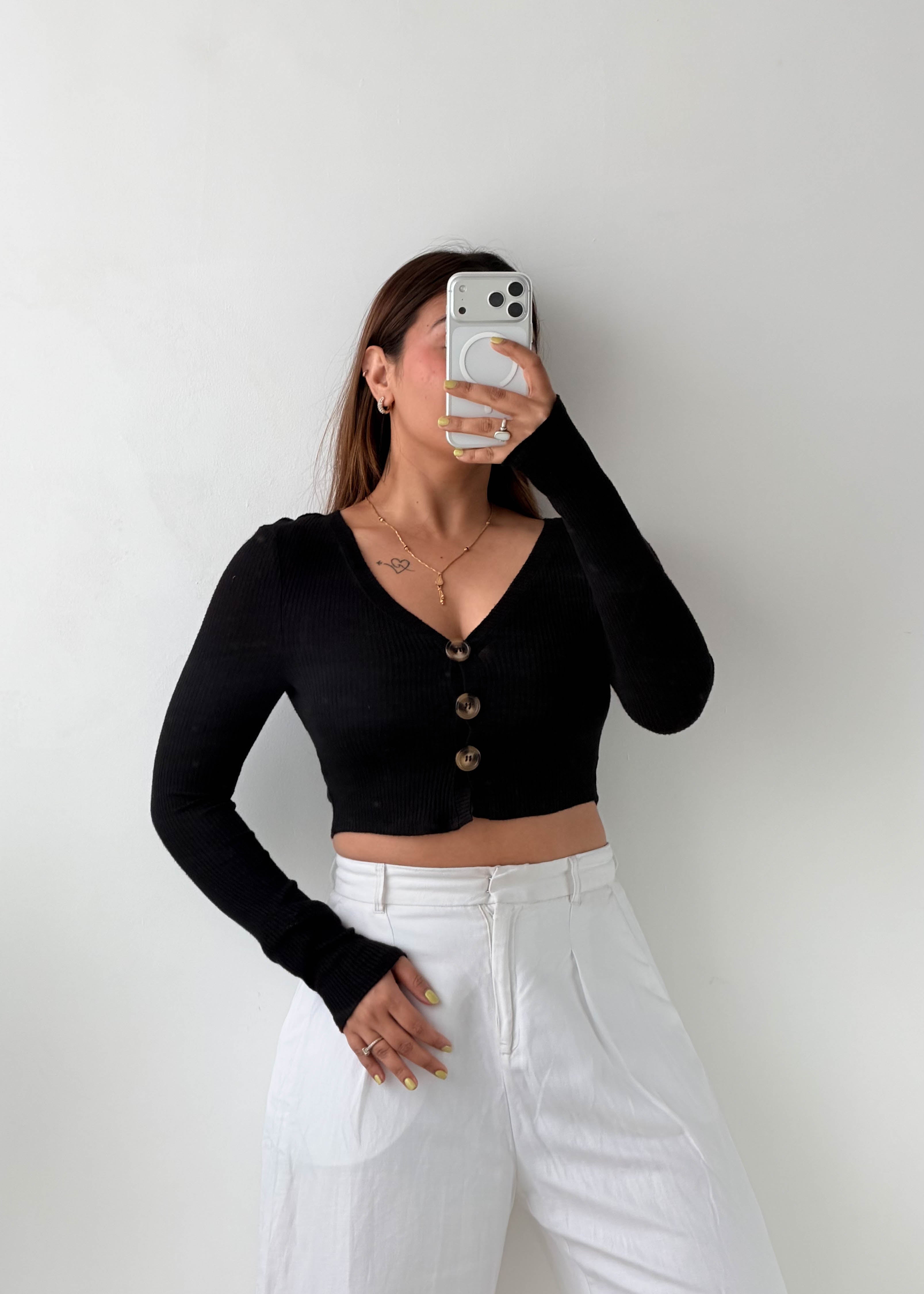 Size XS-S Black Button Front Ribbed Crop Top