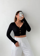 Size XS-S Black Button Front Ribbed Crop Top
