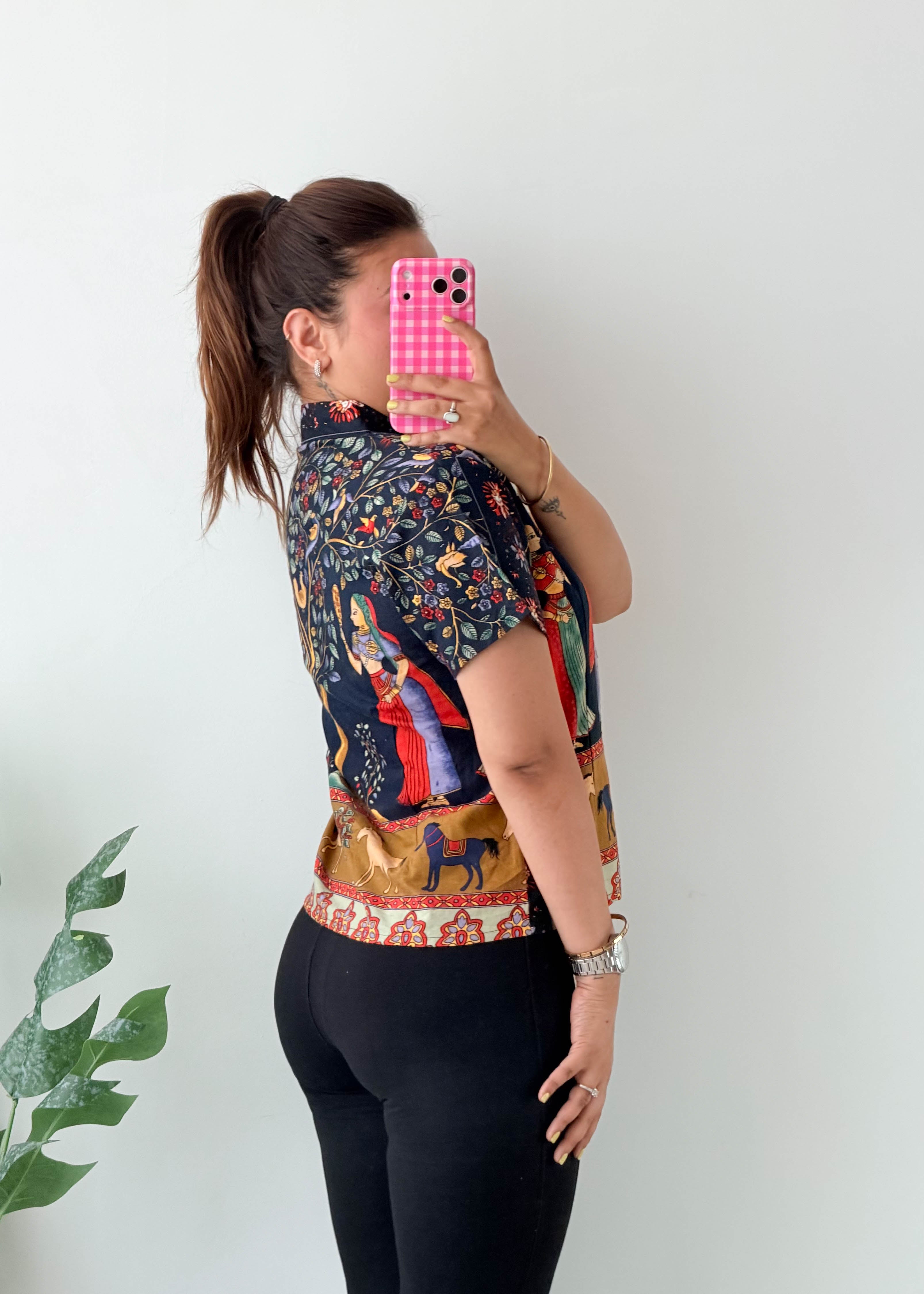 Size S-M Black Oriental Print Mandarin Collar Shirt