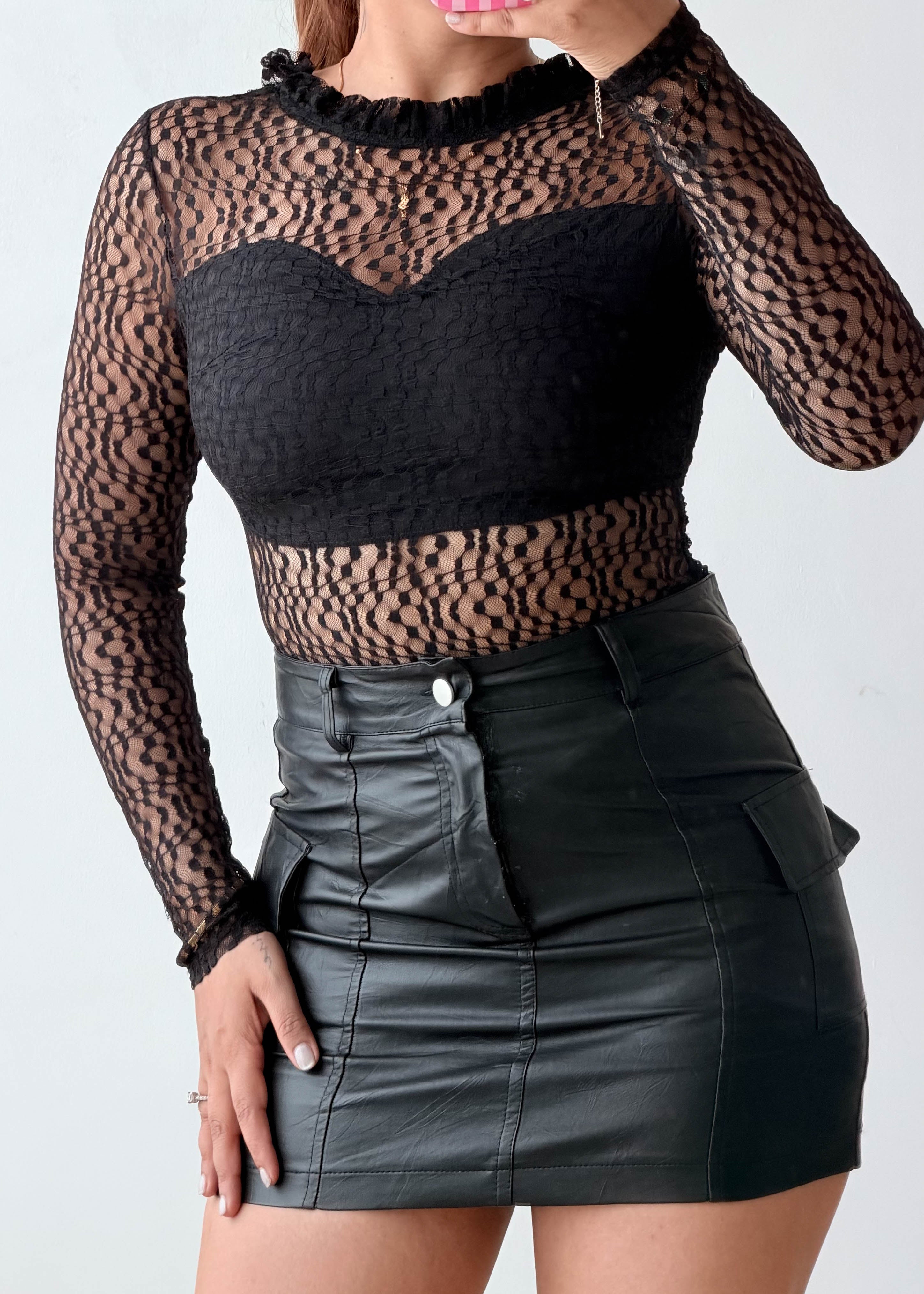 Size XS Black Geometric Mesh Bodysuit