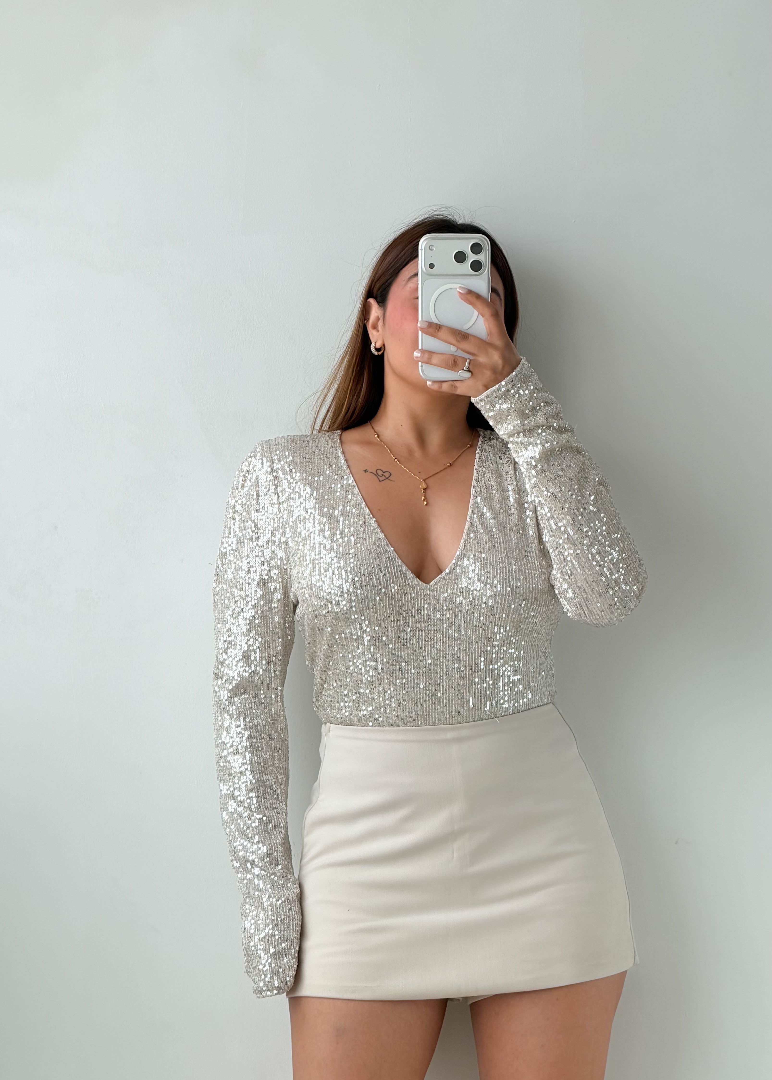 Size M Silver Sequin V-Neck Bodysuit