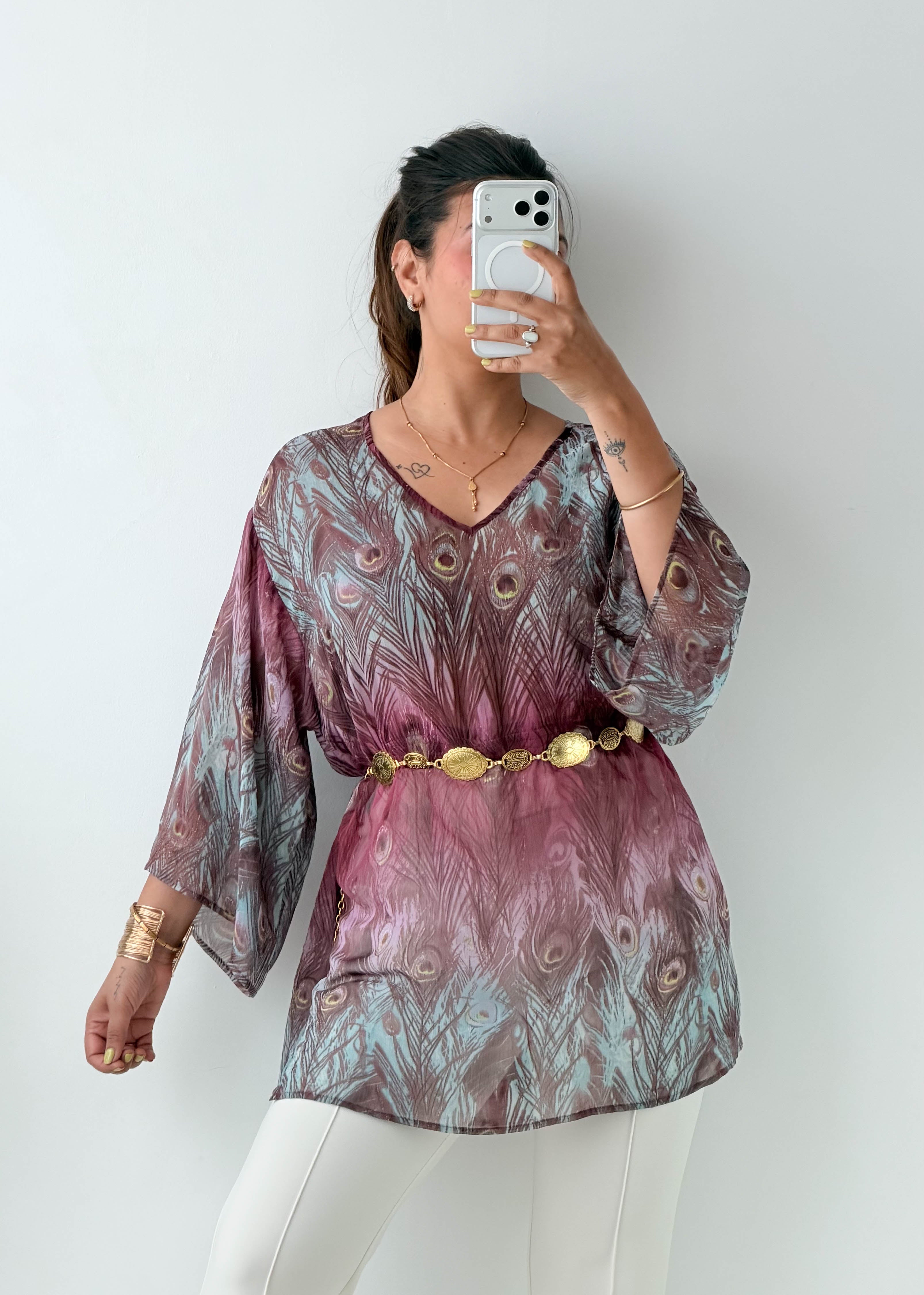 Size L-XL Mauve Peacock Print Tunic Top