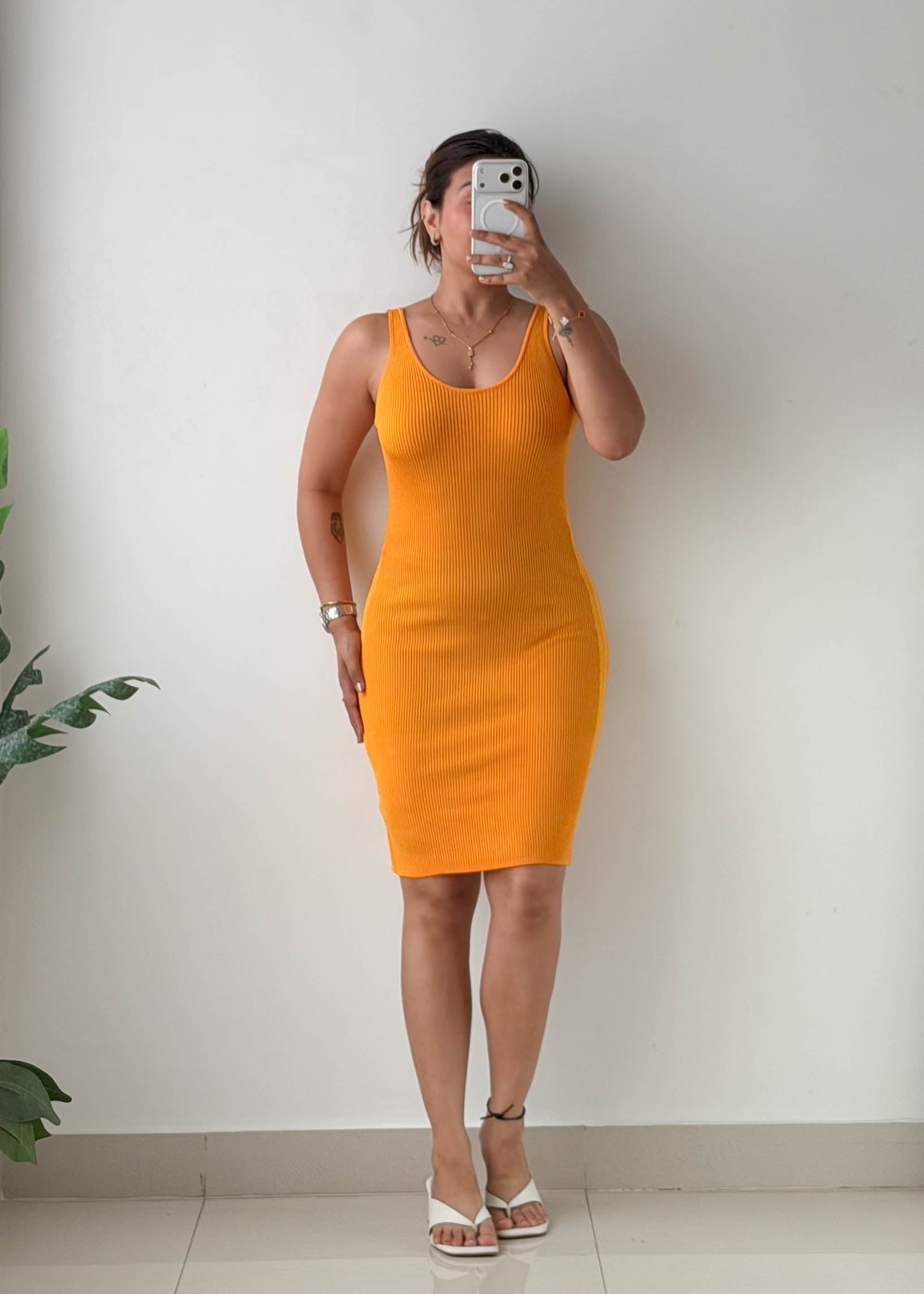 Size M-L Mustard Ribbed Knit Bodycon Midi Dress