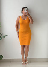 Size M-L Mustard Ribbed Knit Bodycon Midi Dress