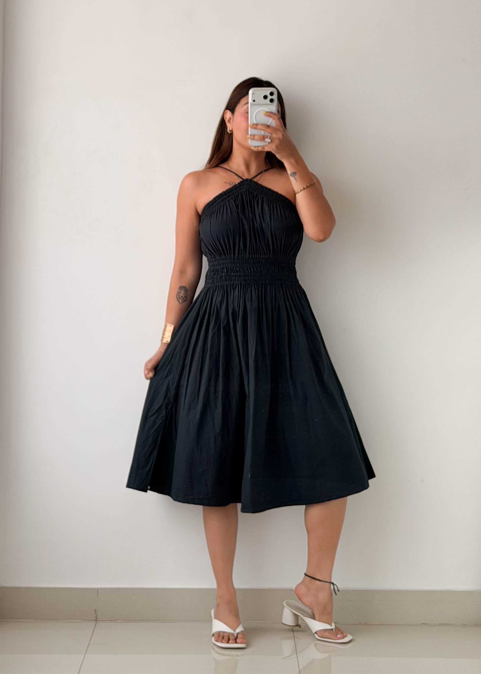 Size S-M Black Halter Smocked Midi Dress