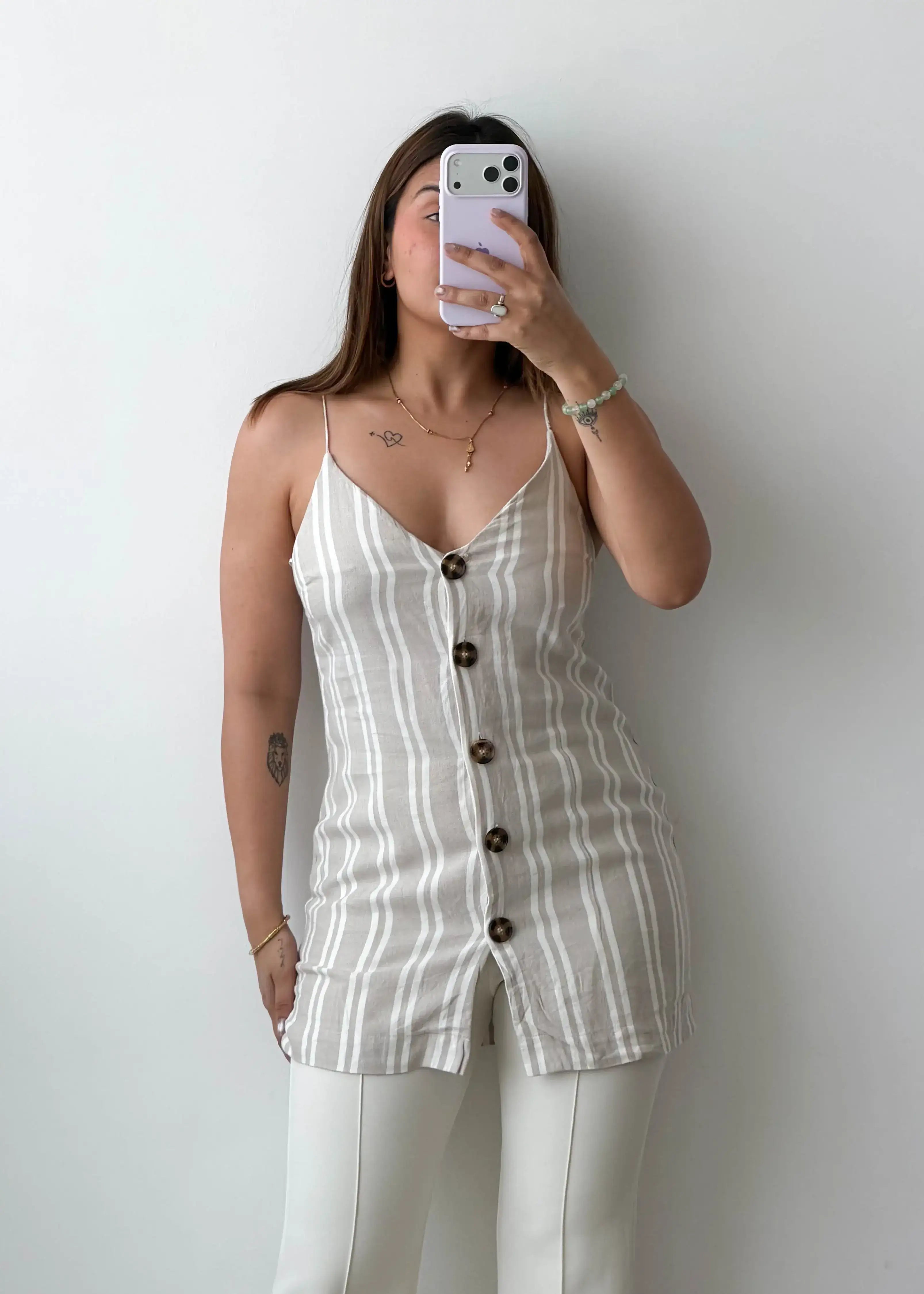 Size XS-S Beige Striped Button Camisole Top