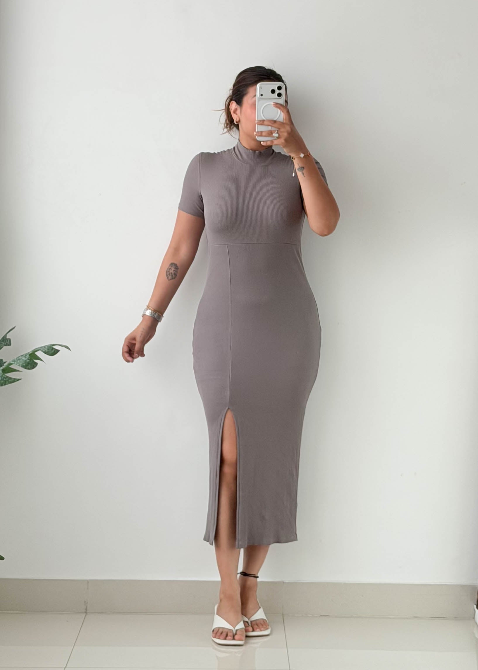 Size S-M Taupe Mock Neck Slit Midi Dress