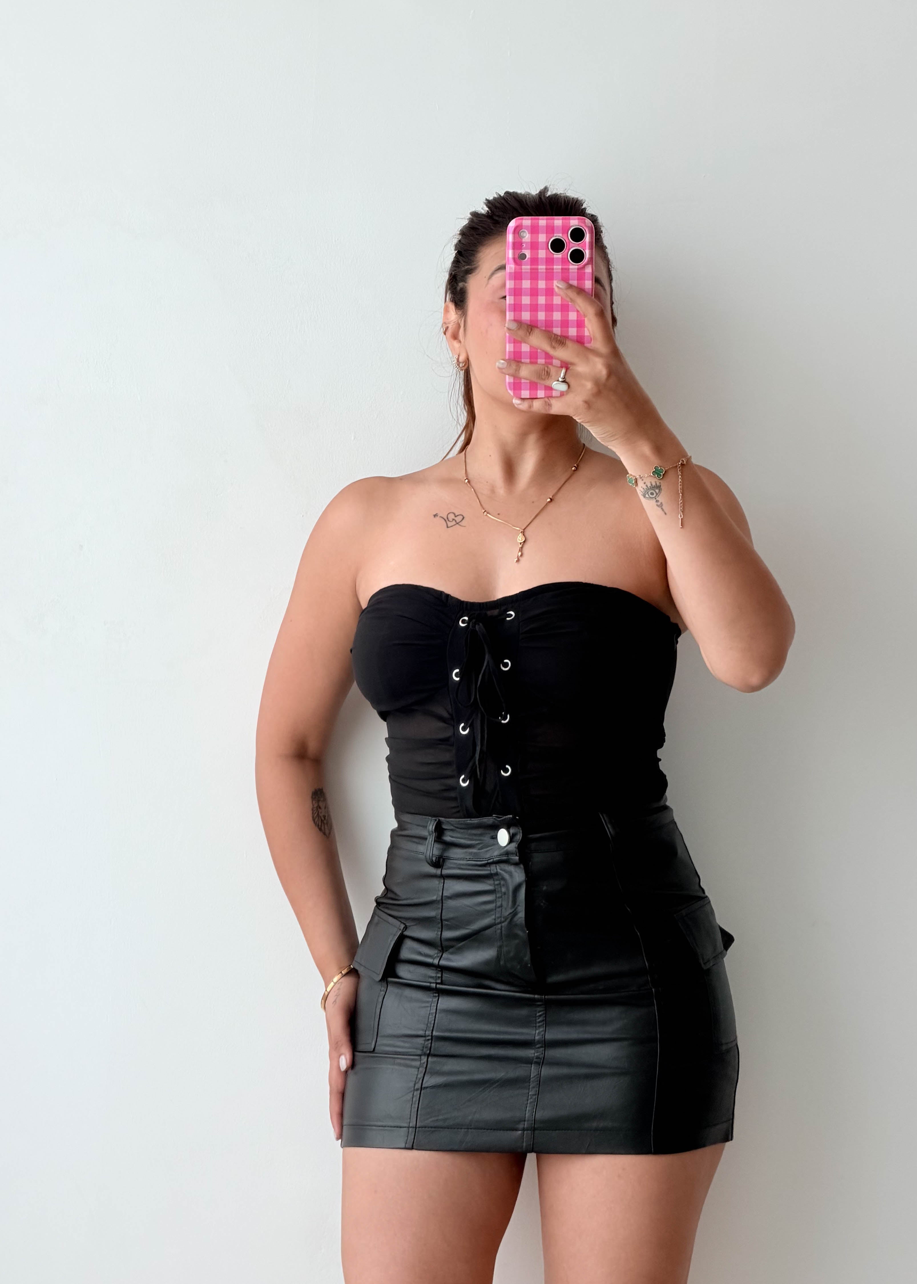 Size S-M Black Lace-Up Bandeau Bodysuit